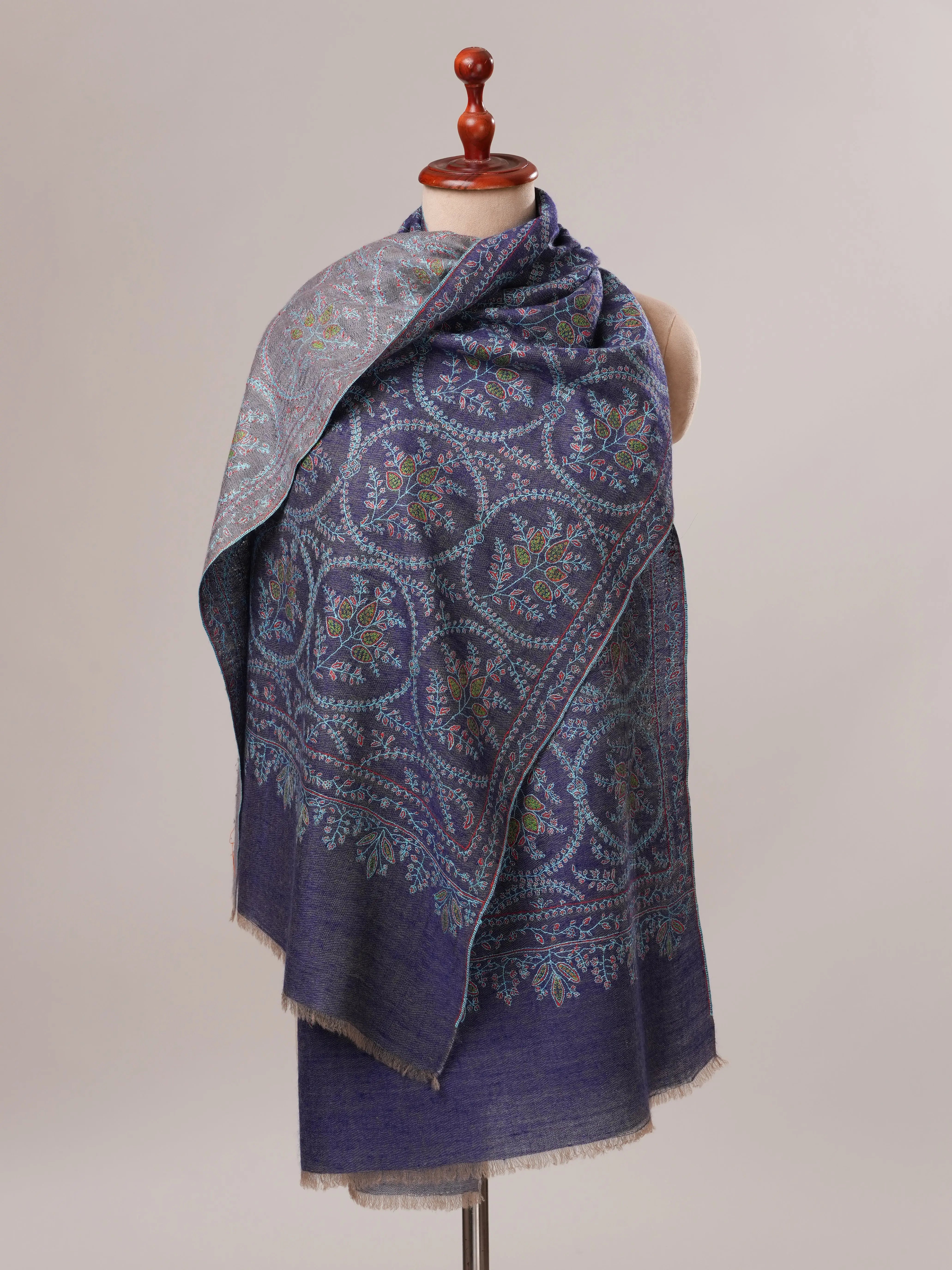 Blue Dual Tone Cashmere Scarf with Jali Hand Embroidery Shahkaar.com
