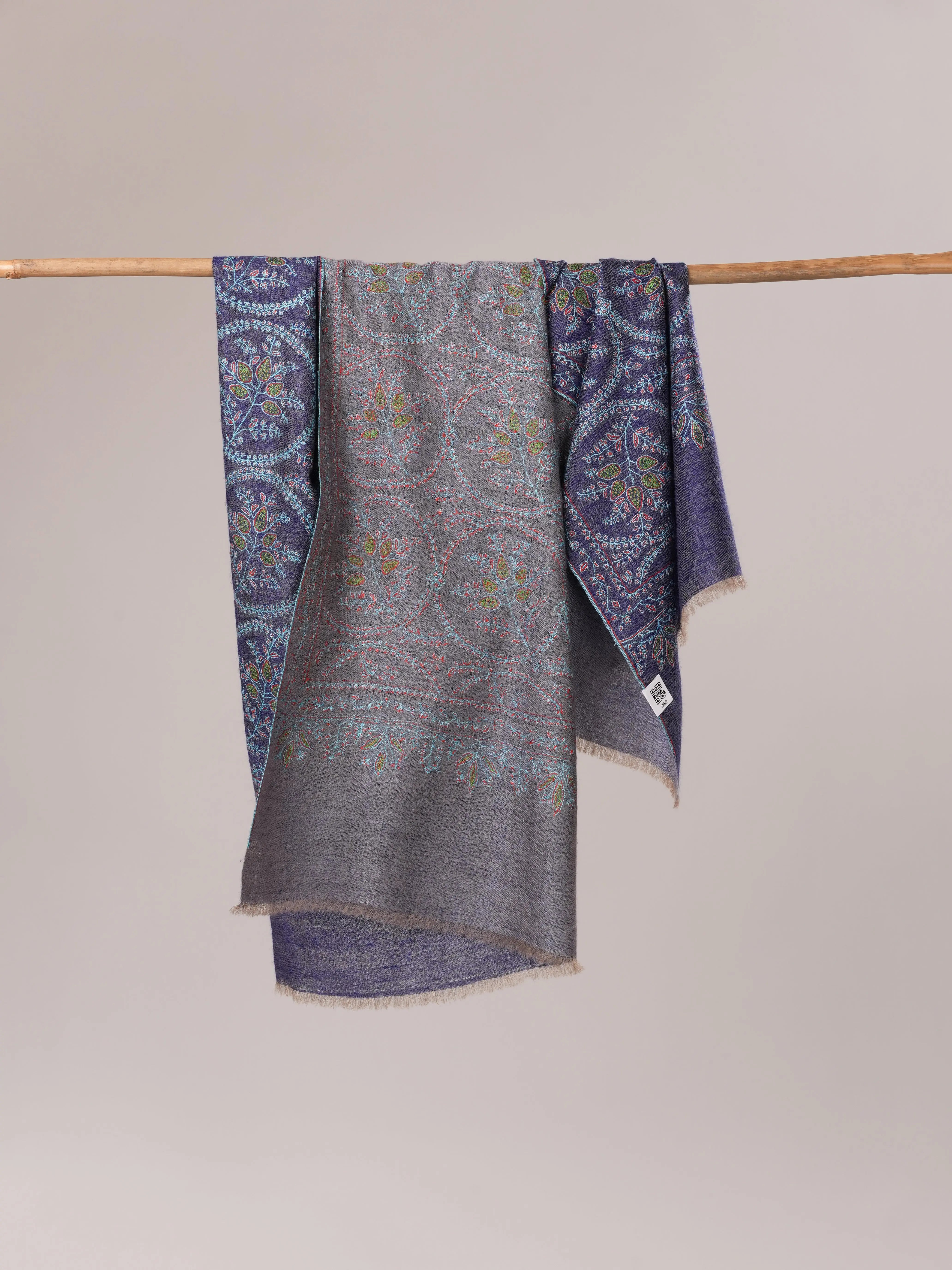Blue Dual Tone Cashmere Scarf with Jali Hand Embroidery Shahkaar.com