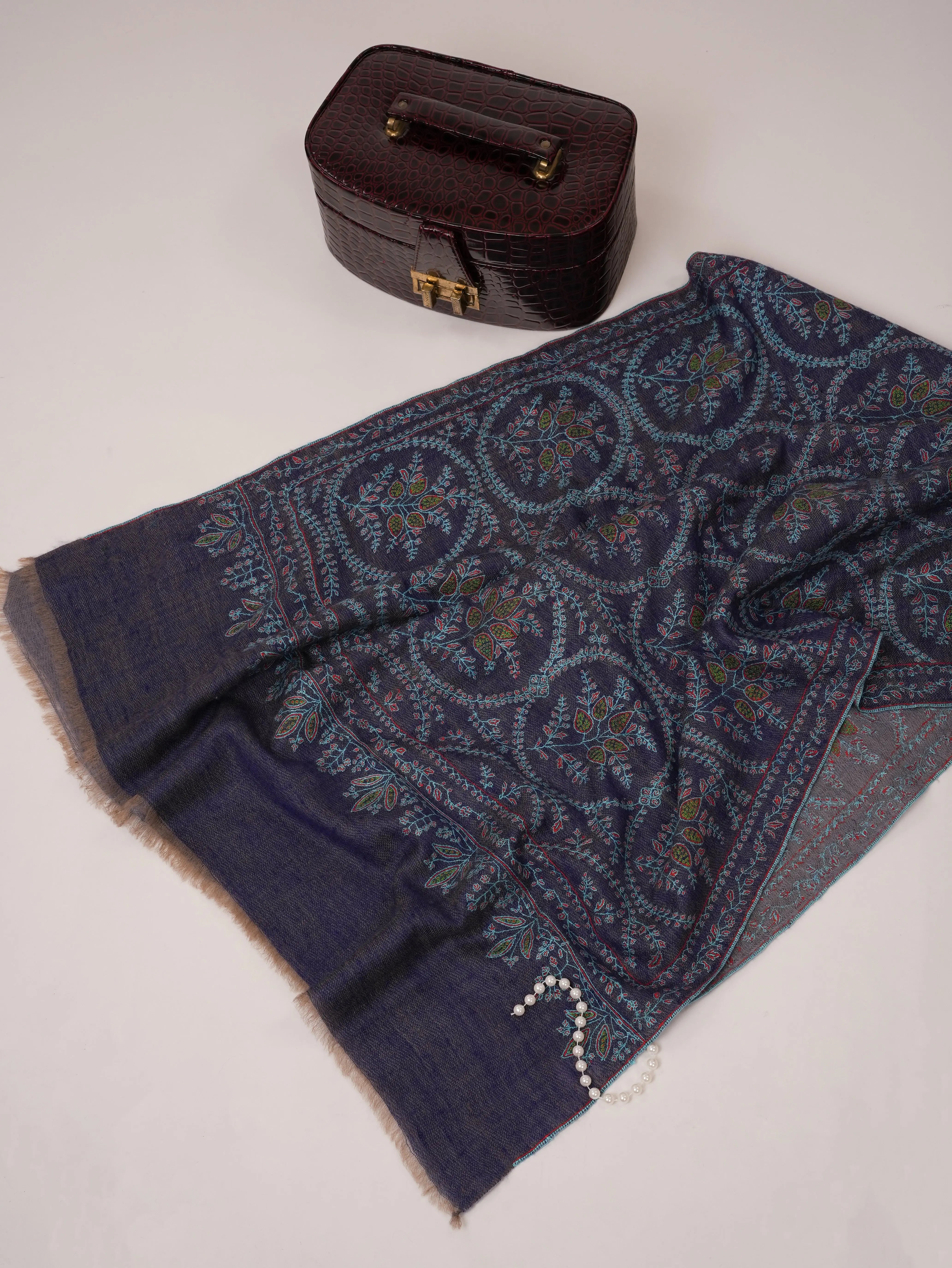 Blue Dual Tone Cashmere Scarf with Jali Hand Embroidery Shahkaar.com