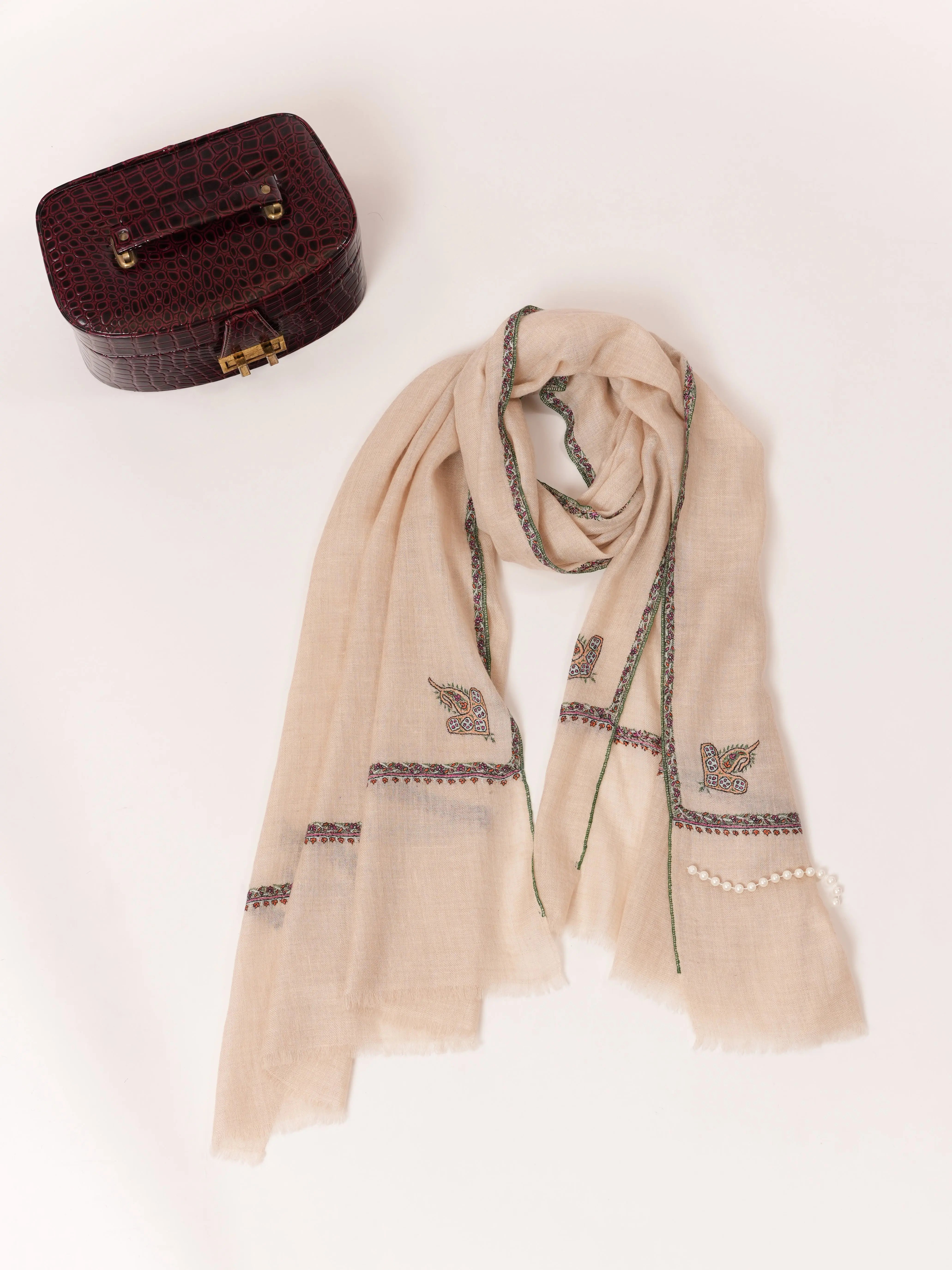 Natural Off-White Handloomed Baby Soft Embroidered Cashmere Scarf Shahkaar.com