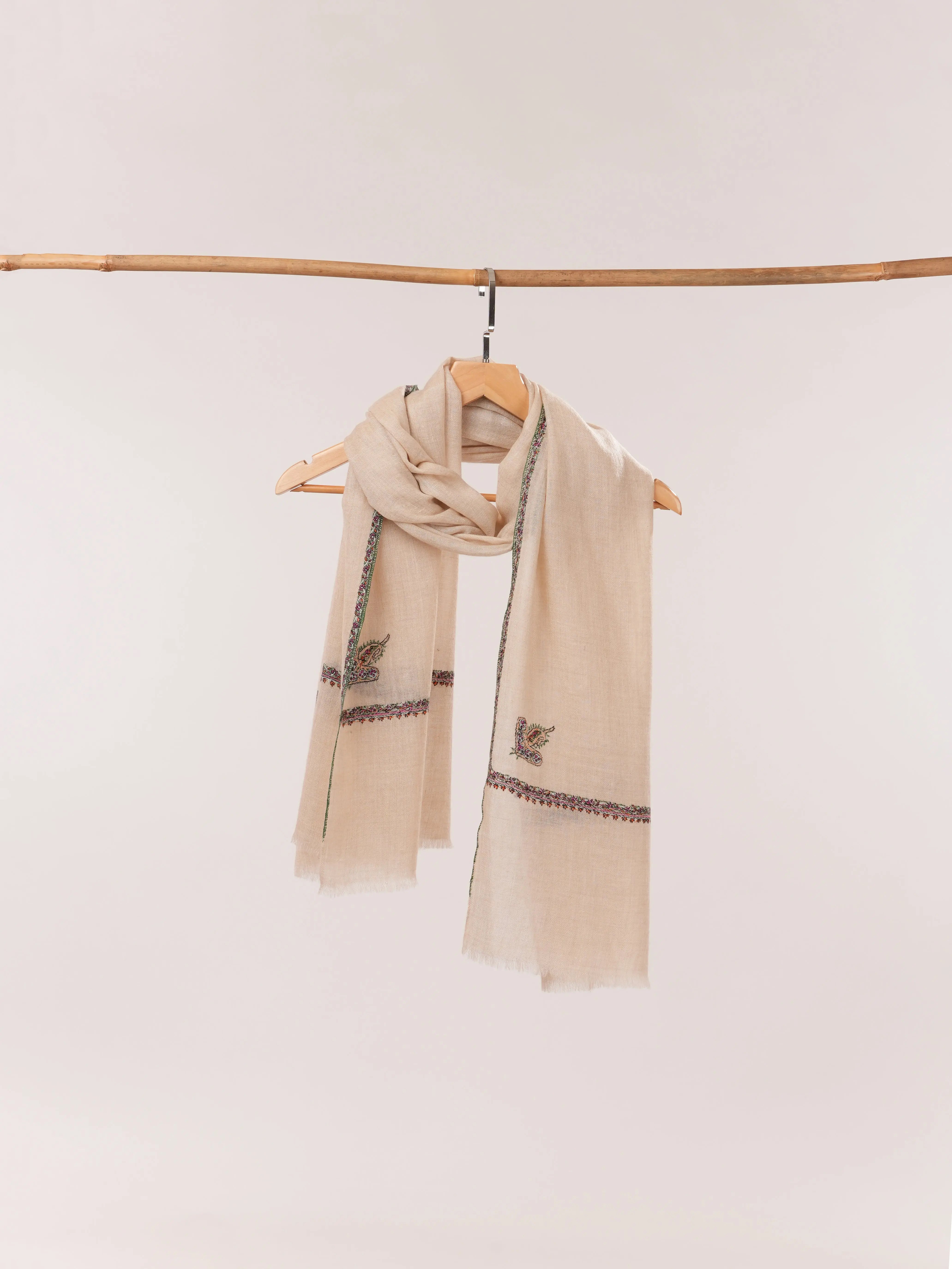 Natural Off-White Handloomed Baby Soft Embroidered Cashmere Scarf Shahkaar.com