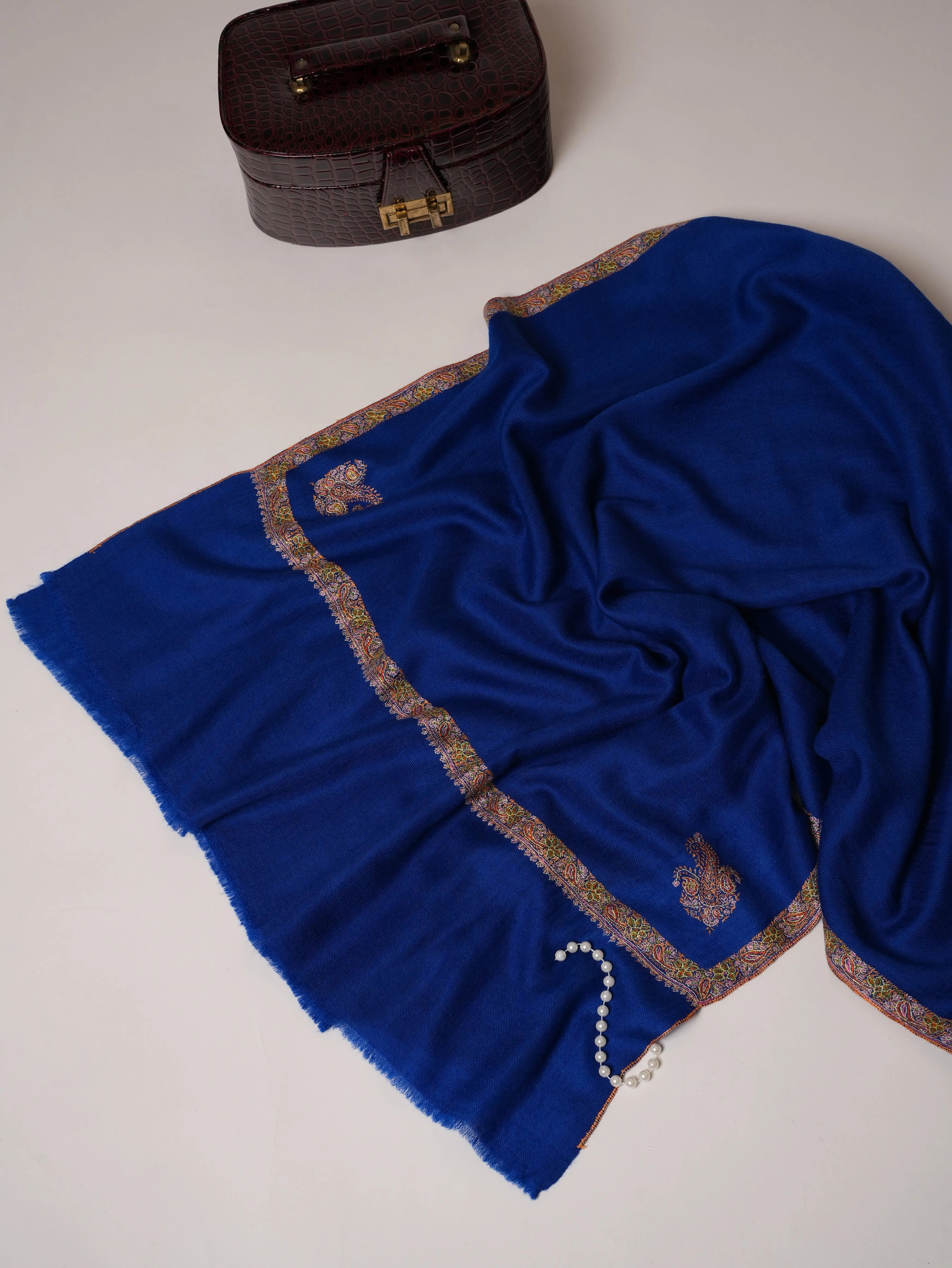 Royal Blue Cashmere Scarf with Classic Hashia Hand Embroidery Shahkaar.com