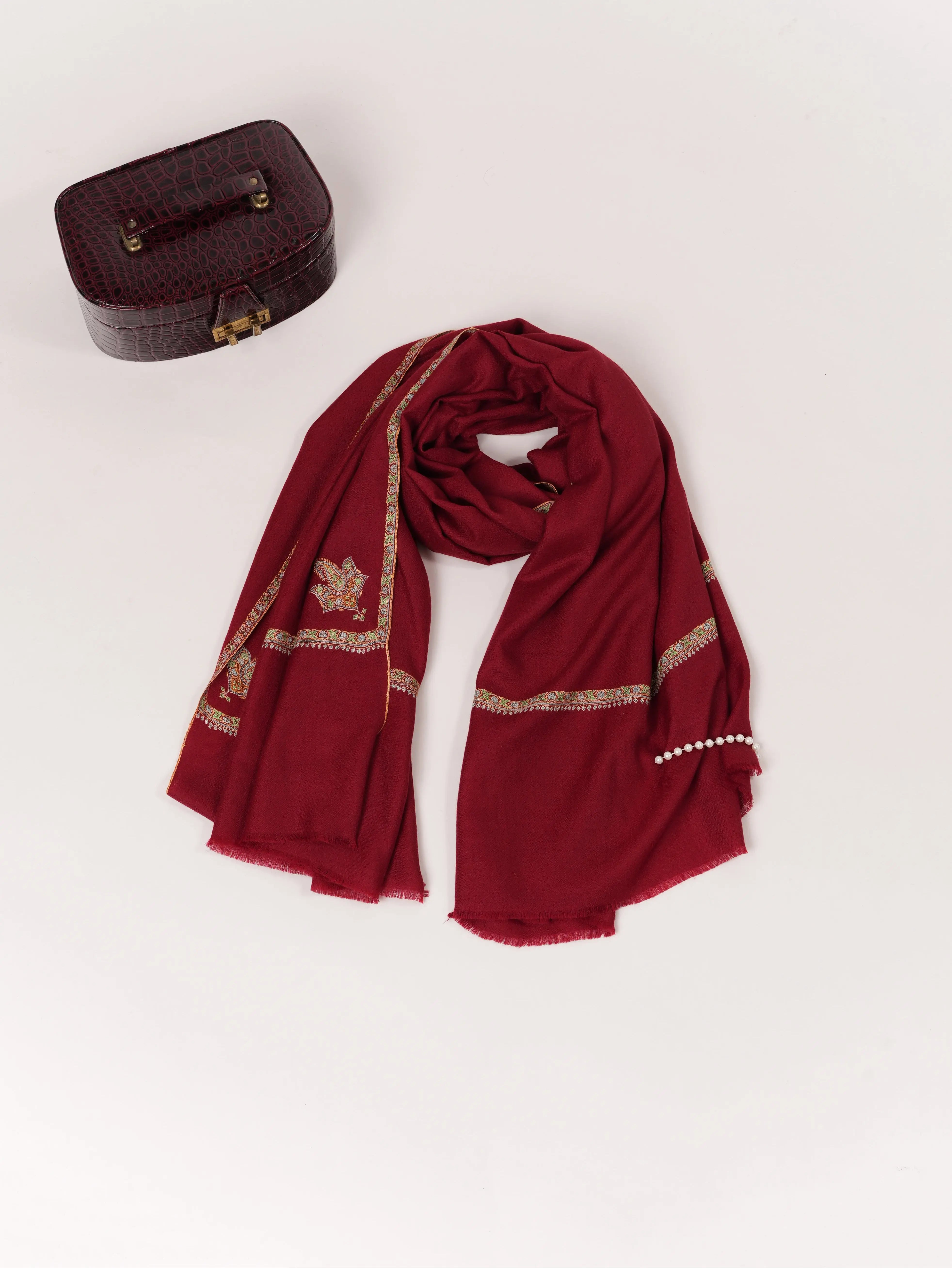 Burgundy Handwoven Featherlight Pashmina Shawl with Kashmiri Baildar Embroidery Shahkaar.com