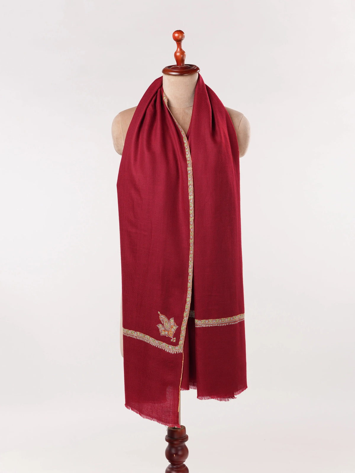Burgundy Handwoven Featherlight Pashmina Shawl with Kashmiri Baildar Embroidery Shahkaar.com