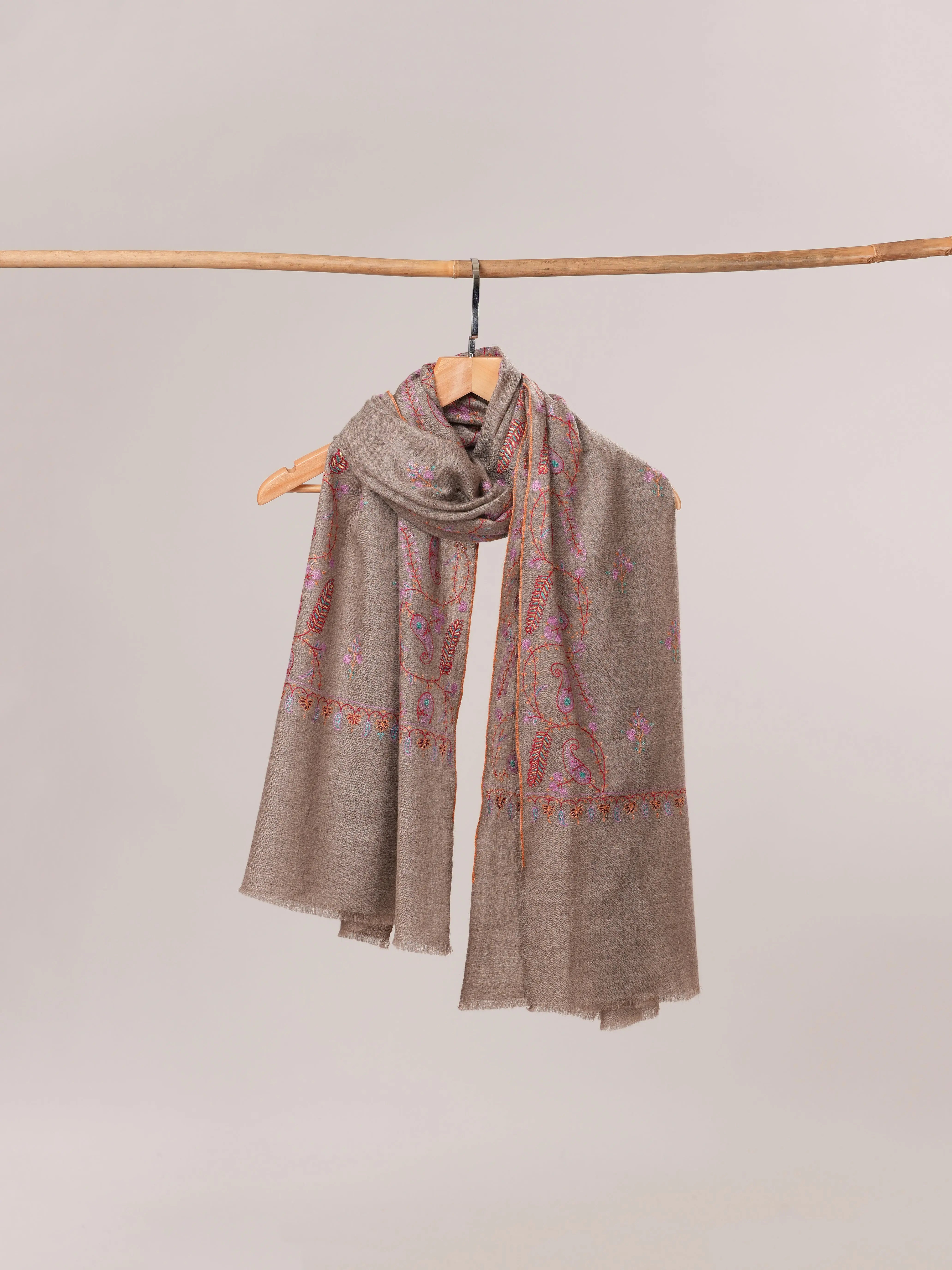 Natural Grey Cashmere Scarf with All Over Hand Embroidery Shahkaar.com