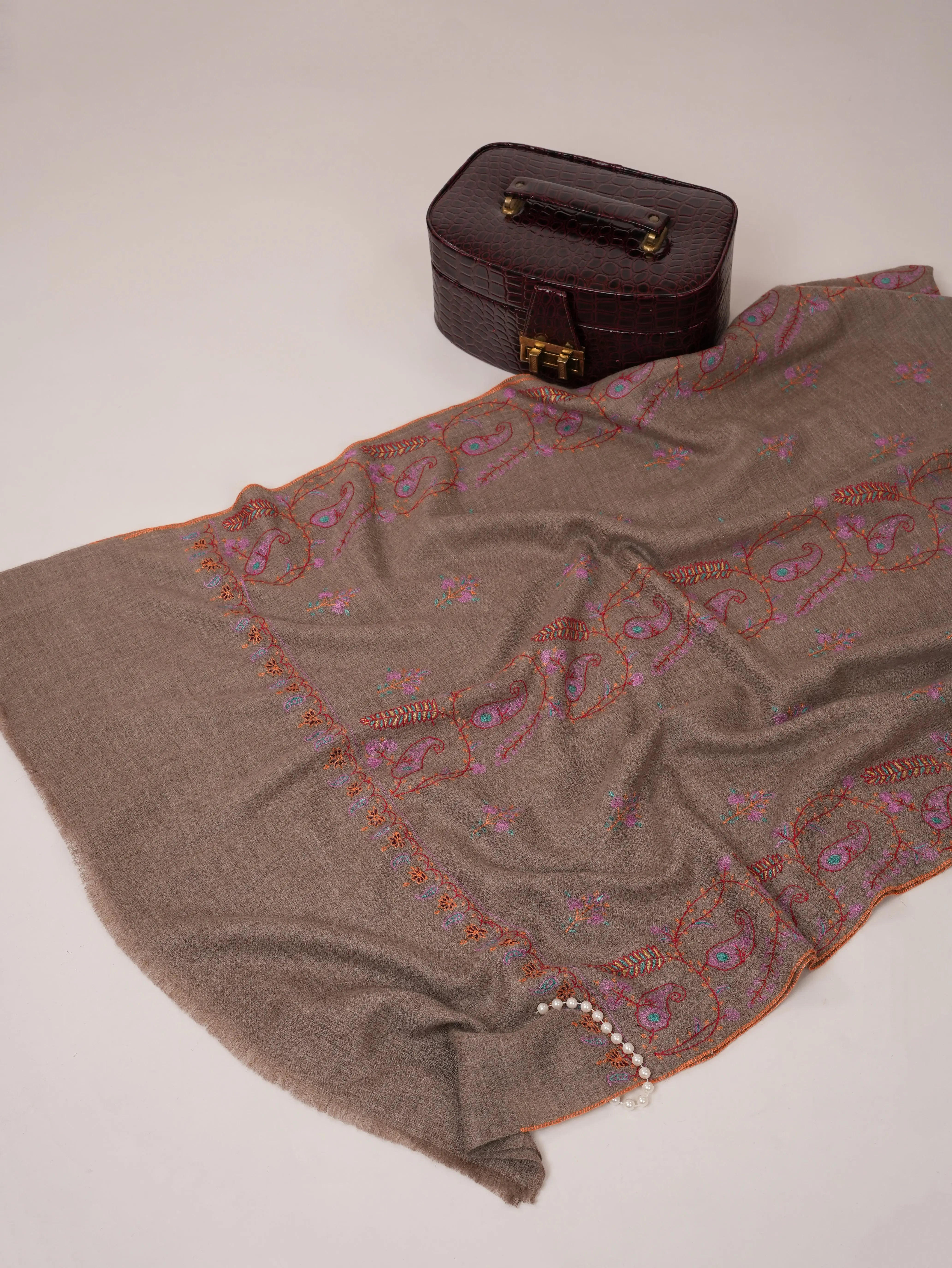 Natural Grey Cashmere Scarf with All Over Hand Embroidery Shahkaar.com