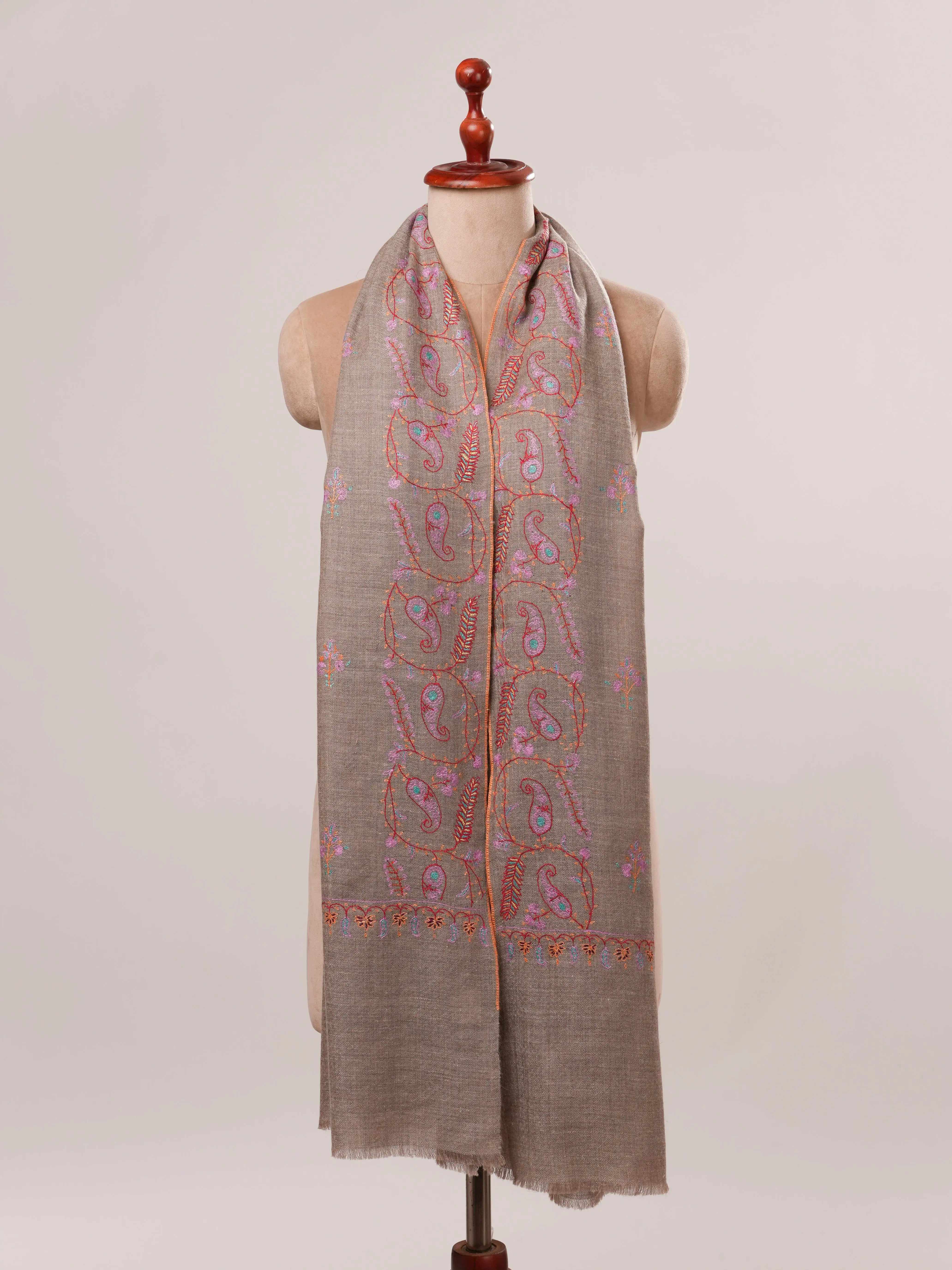 Natural Grey Cashmere Scarf with All Over Hand Embroidery Shahkaar.com