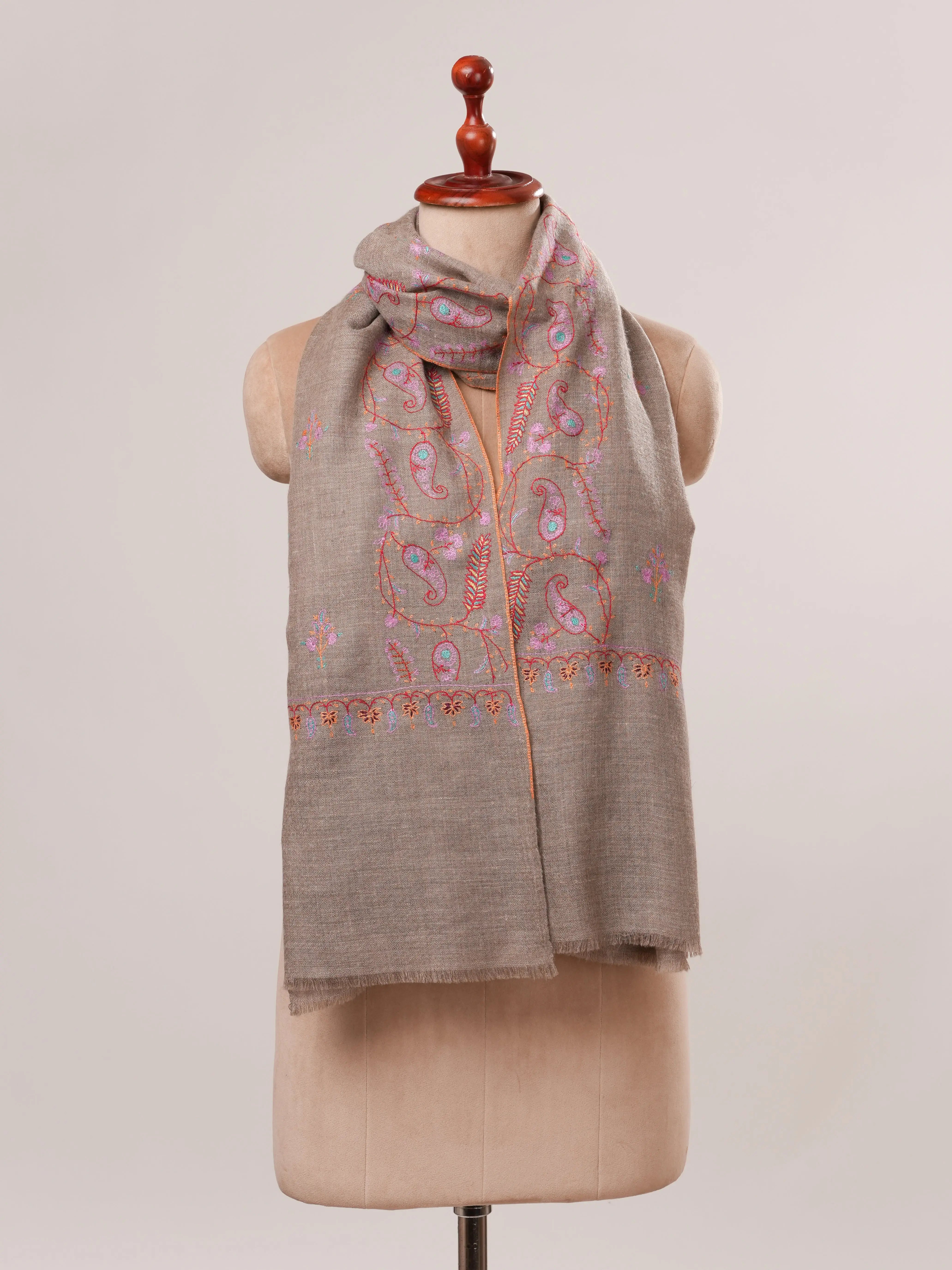 Natural Grey Cashmere Scarf with All Over Hand Embroidery Shahkaar.com