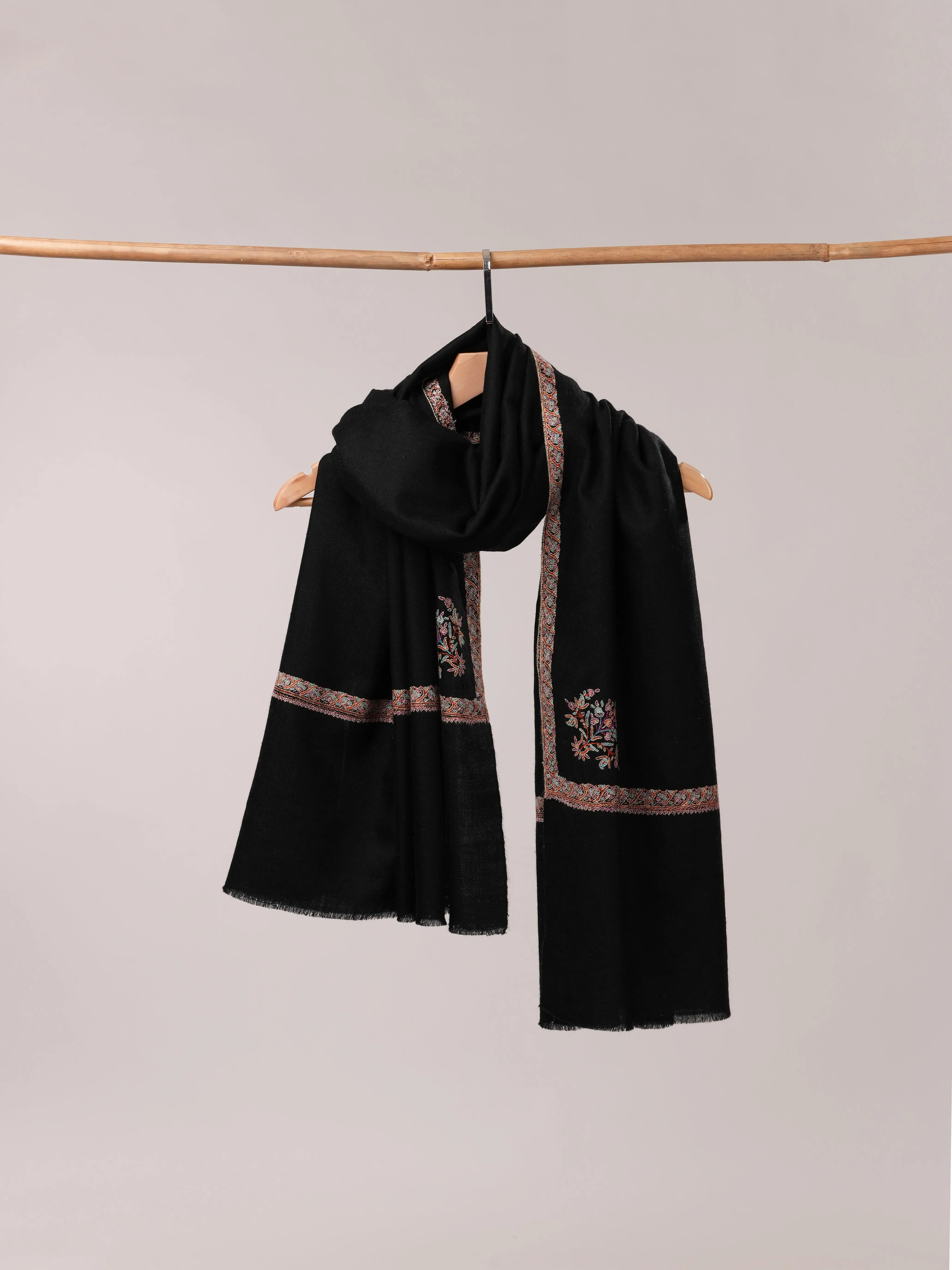 Black Classic Hashia Hand Embroidered Pashmina Shawl Shahkaar.com