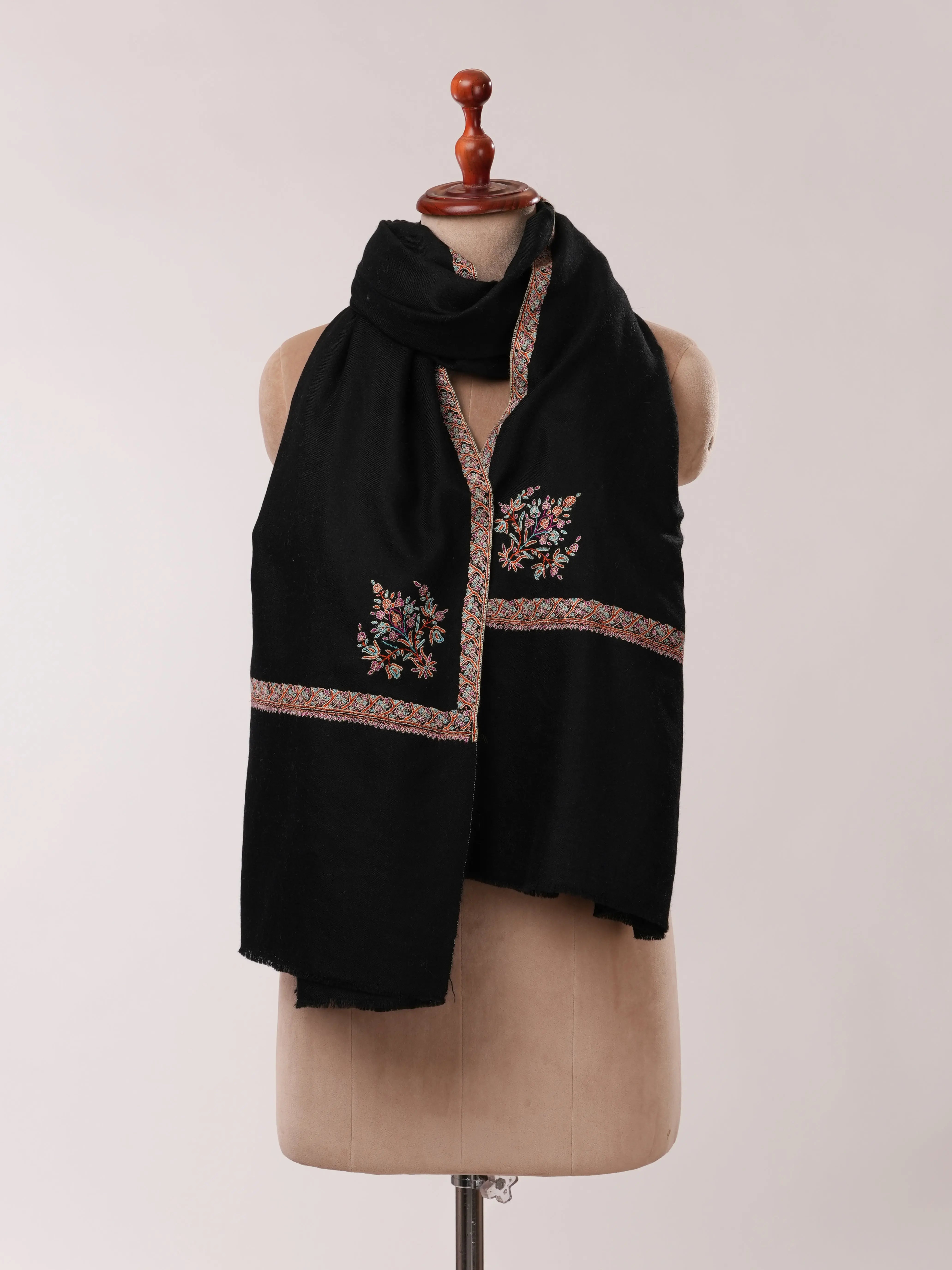 Black Classic Hashia Hand Embroidered Pashmina Shawl Shahkaar.com