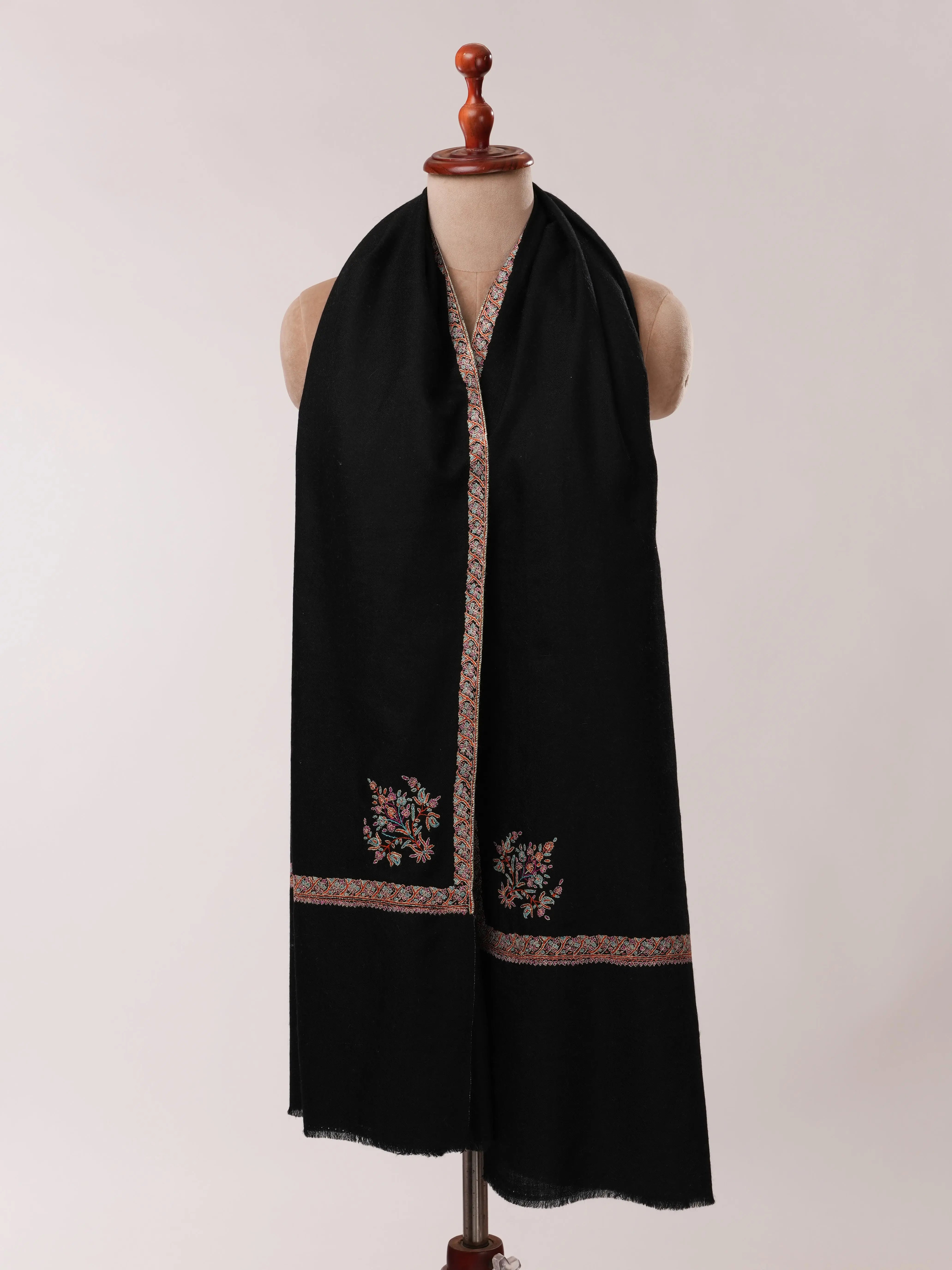 Black Classic Hashia Hand Embroidered Pashmina Shawl Shahkaar.com