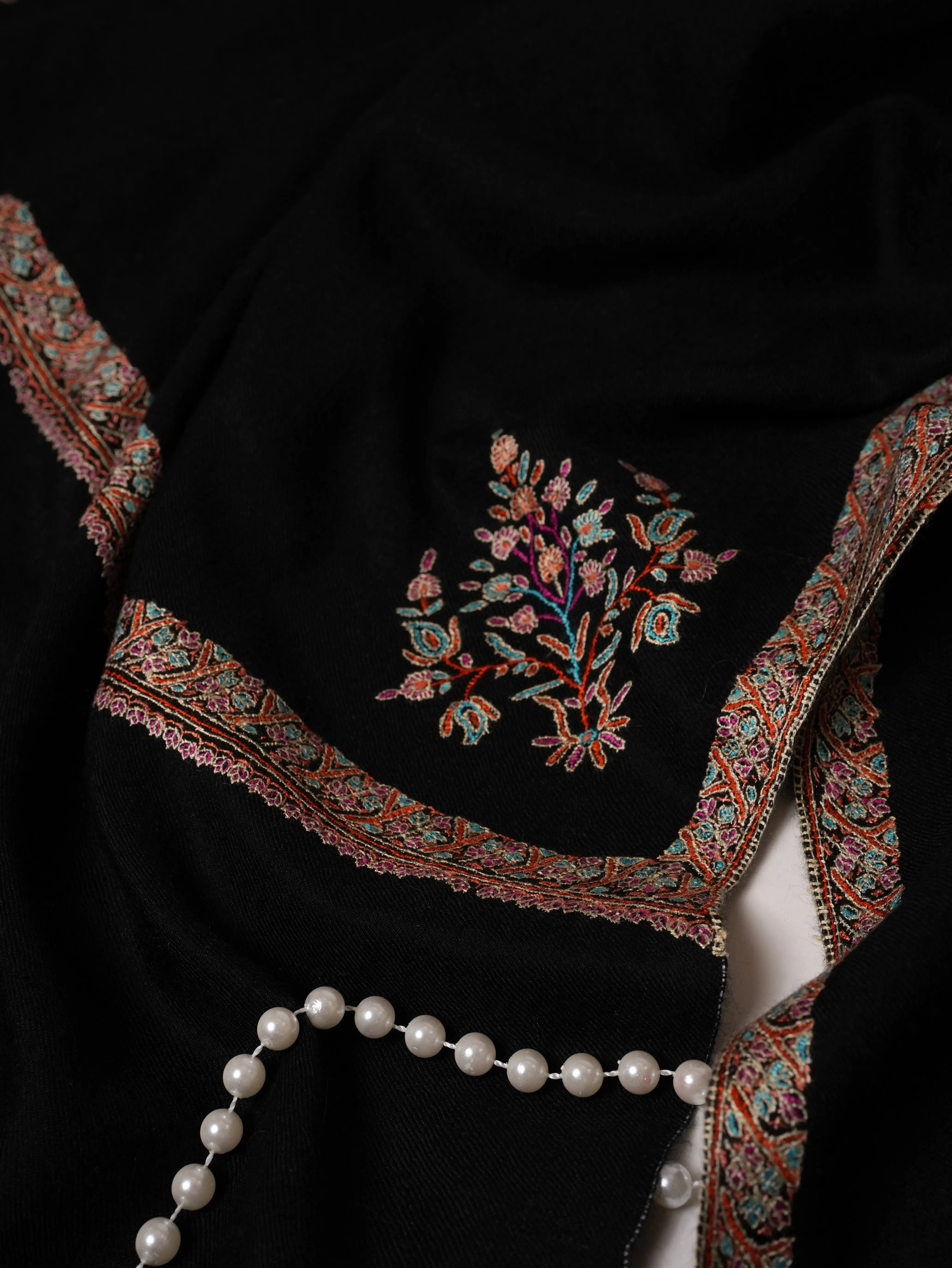 Black Classic Hashia Hand Embroidered Pashmina Shawl Shahkaar.com
