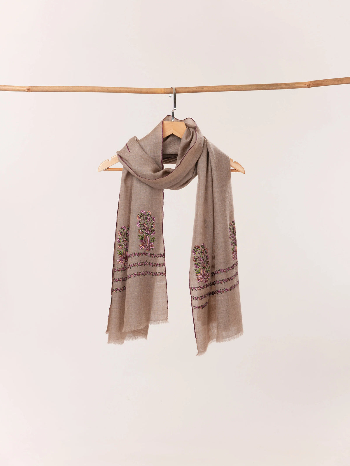 Palldar Sozni Embroidery Natural Taupe Handwoven Scarf in Cashmere from Kashmir Shahkaar.com