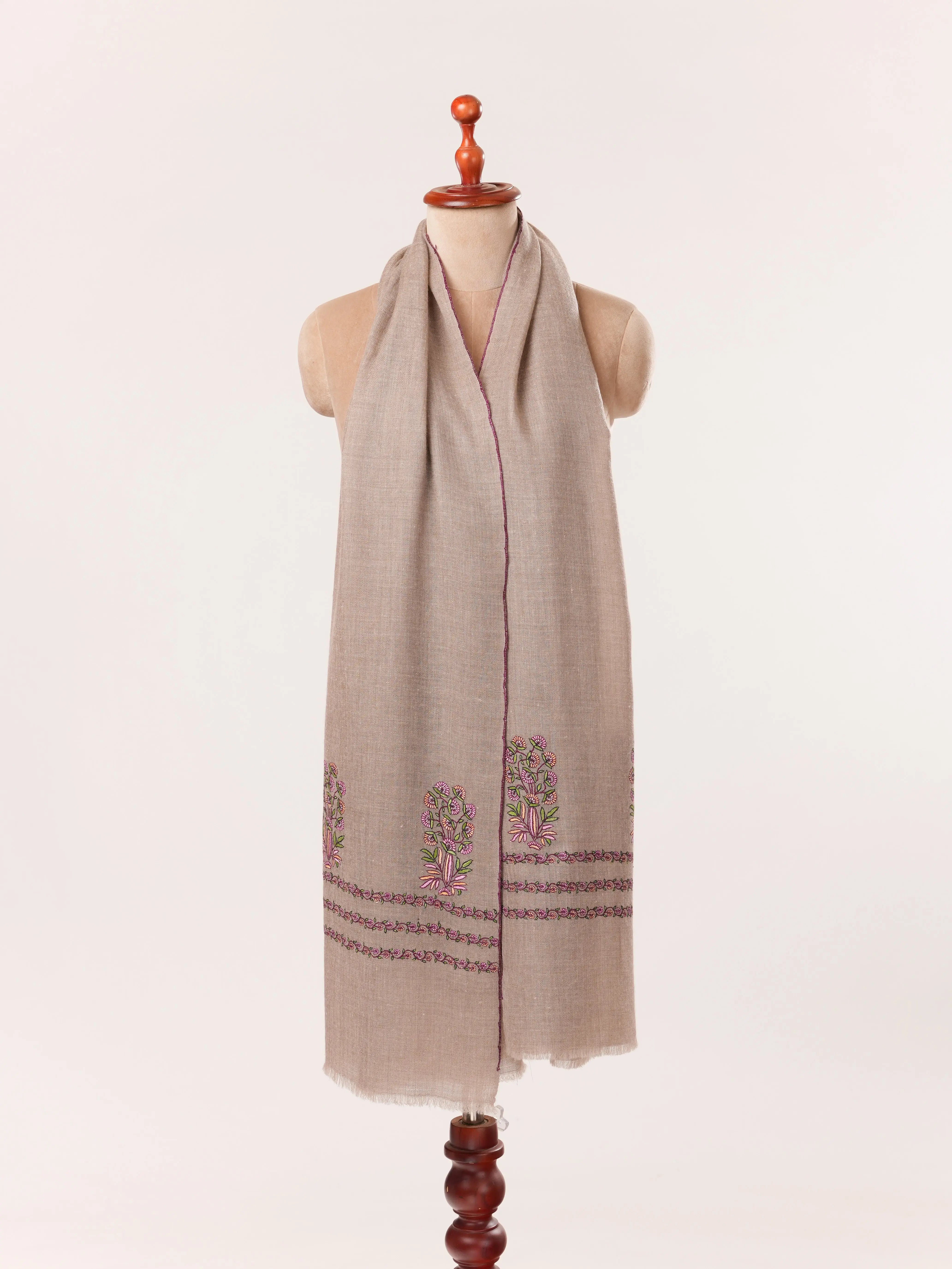 Palldar Sozni Embroidery Natural Taupe Handwoven Scarf in Cashmere from Kashmir Shahkaar.com