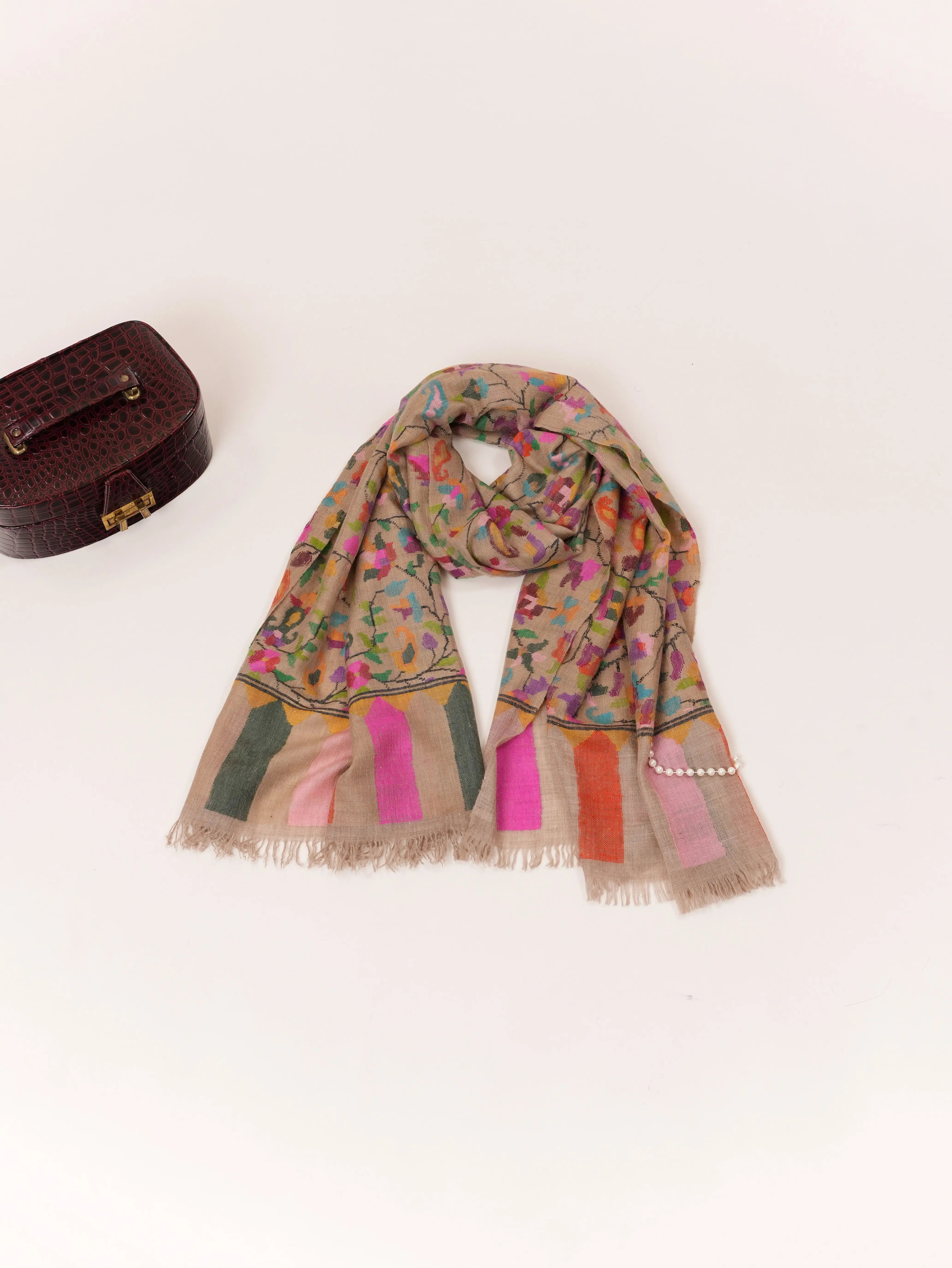 Handcrafted Classic Kani Handwoven Kashmiri Scarf in Pure Cashmere Shahkaar.com