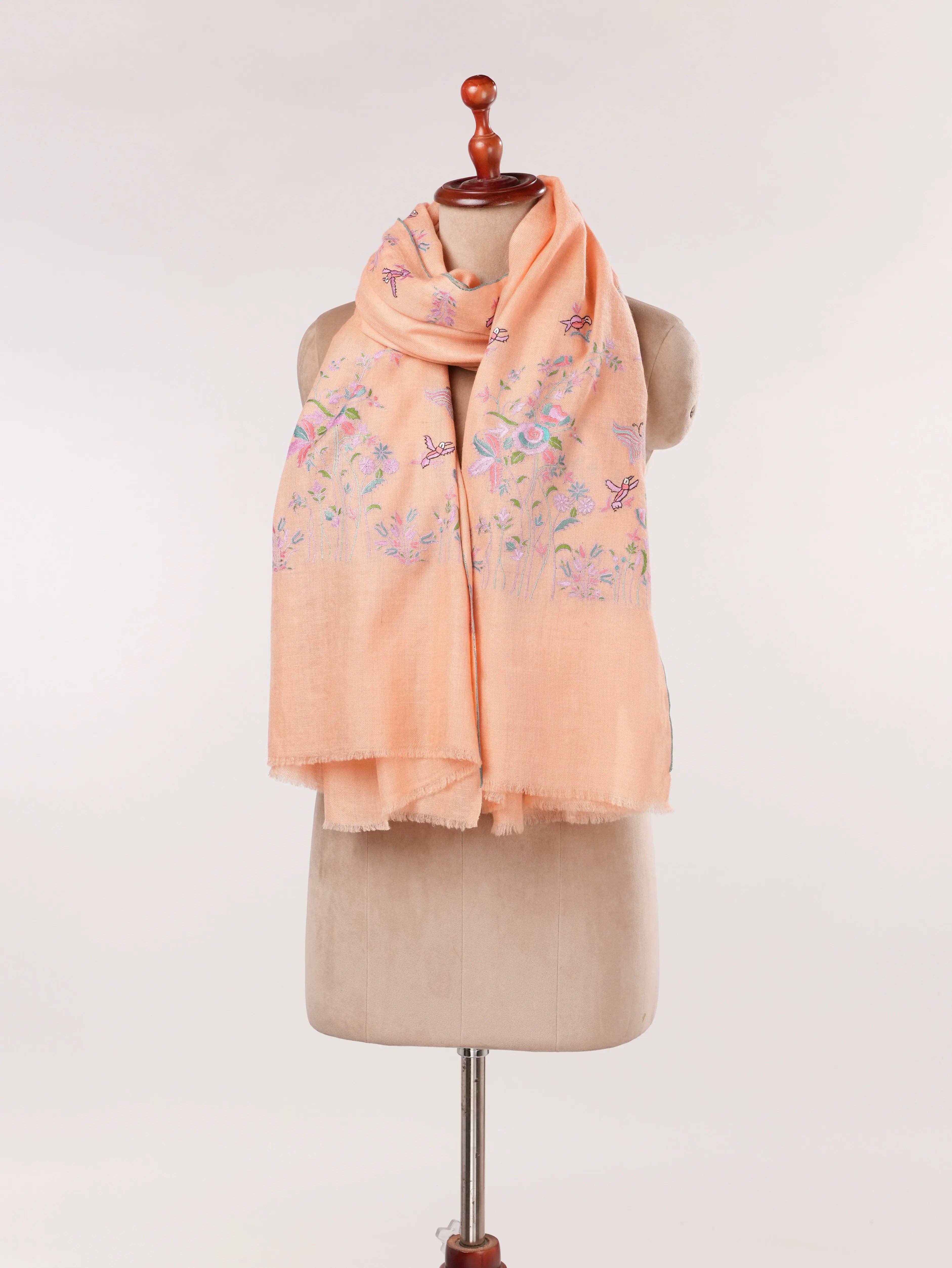 Peach Pashmina Shawl Handwoven in Kashmir with Palldar Hand Embroidery Shahkaar.com