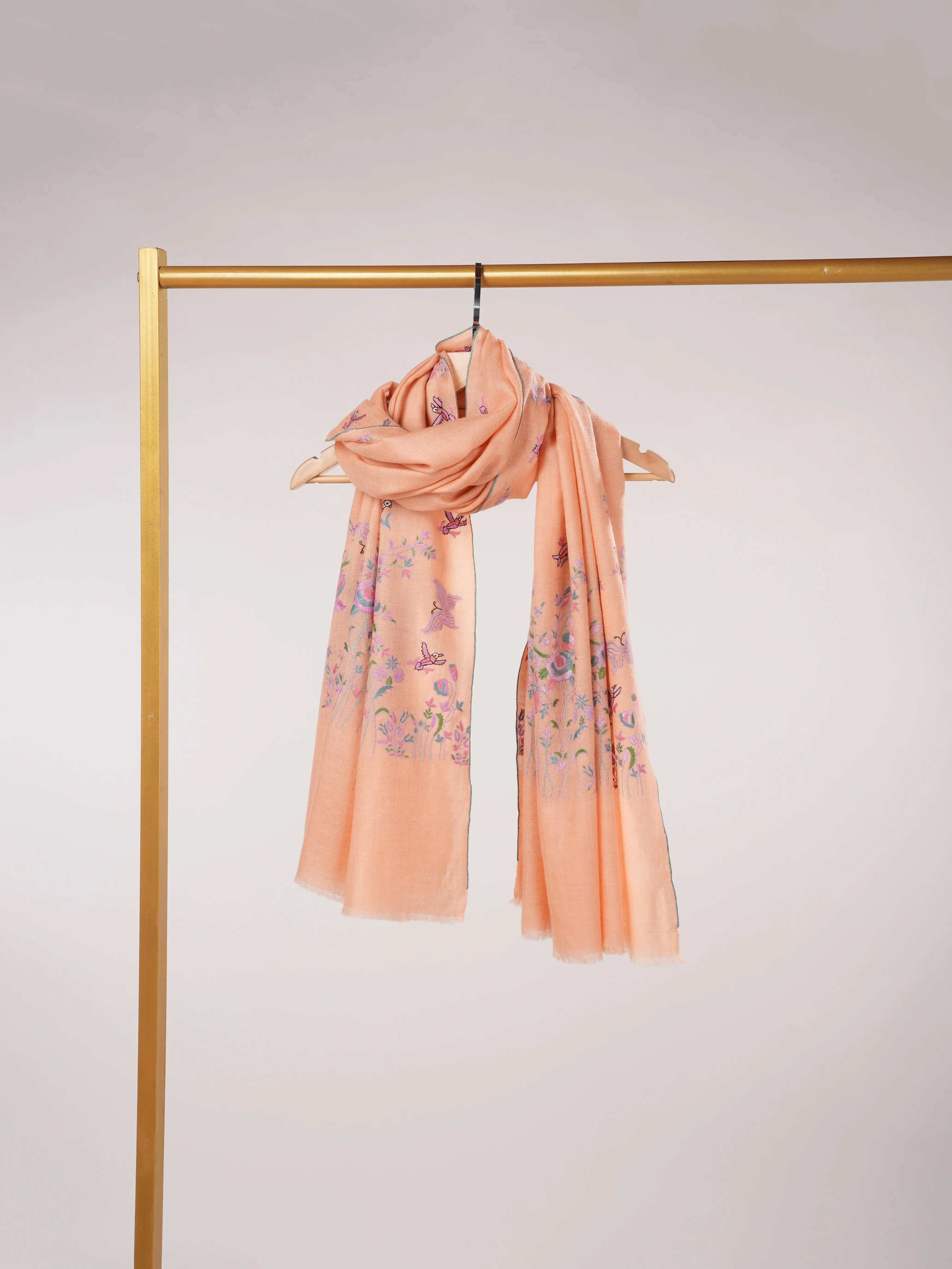 Peach Pashmina Shawl Handwoven in Kashmir with Palldar Hand Embroidery Shahkaar.com