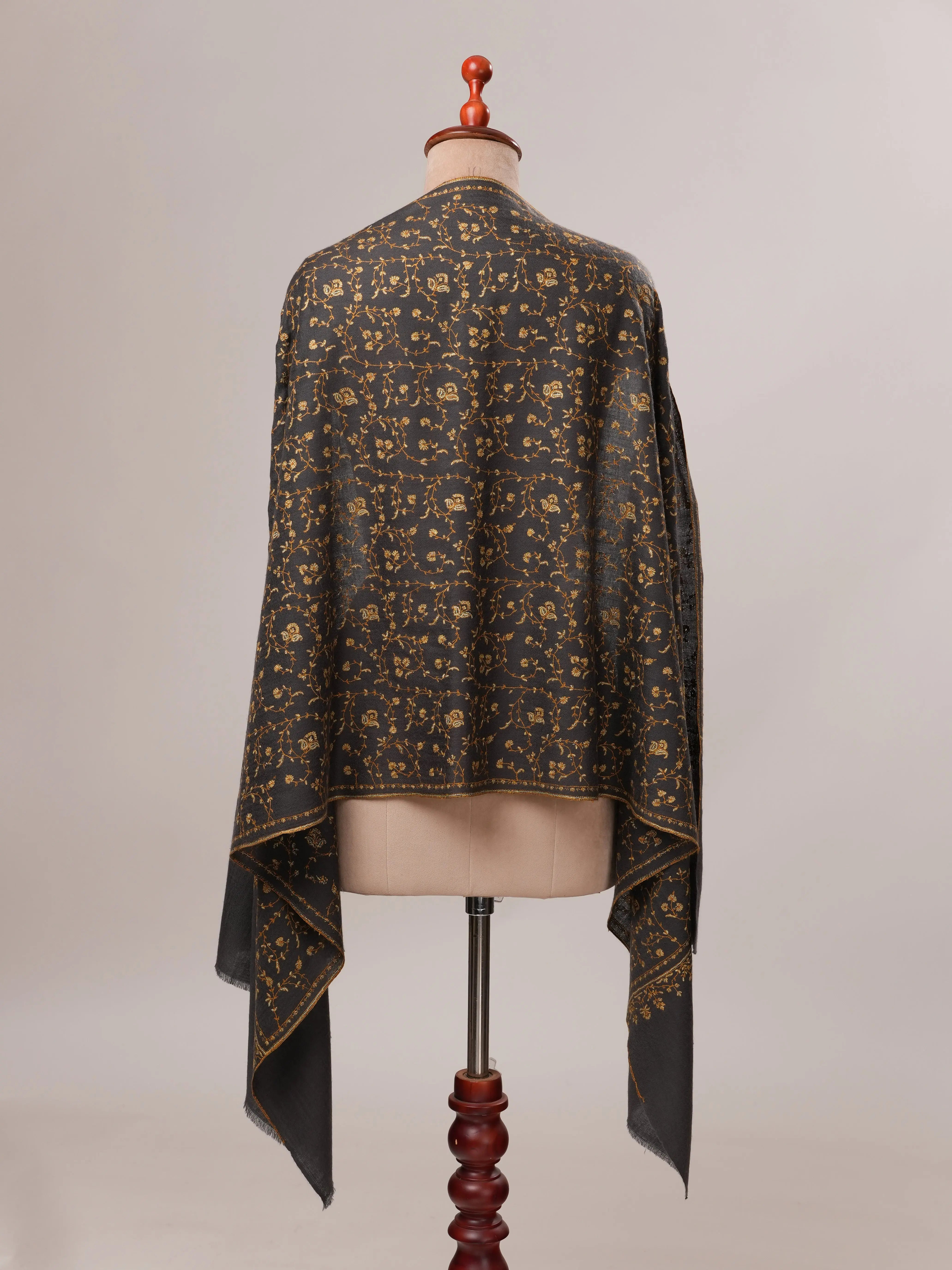 Grey Cashmere Scarf with Jali Hand Embroidery Shahkaar.com