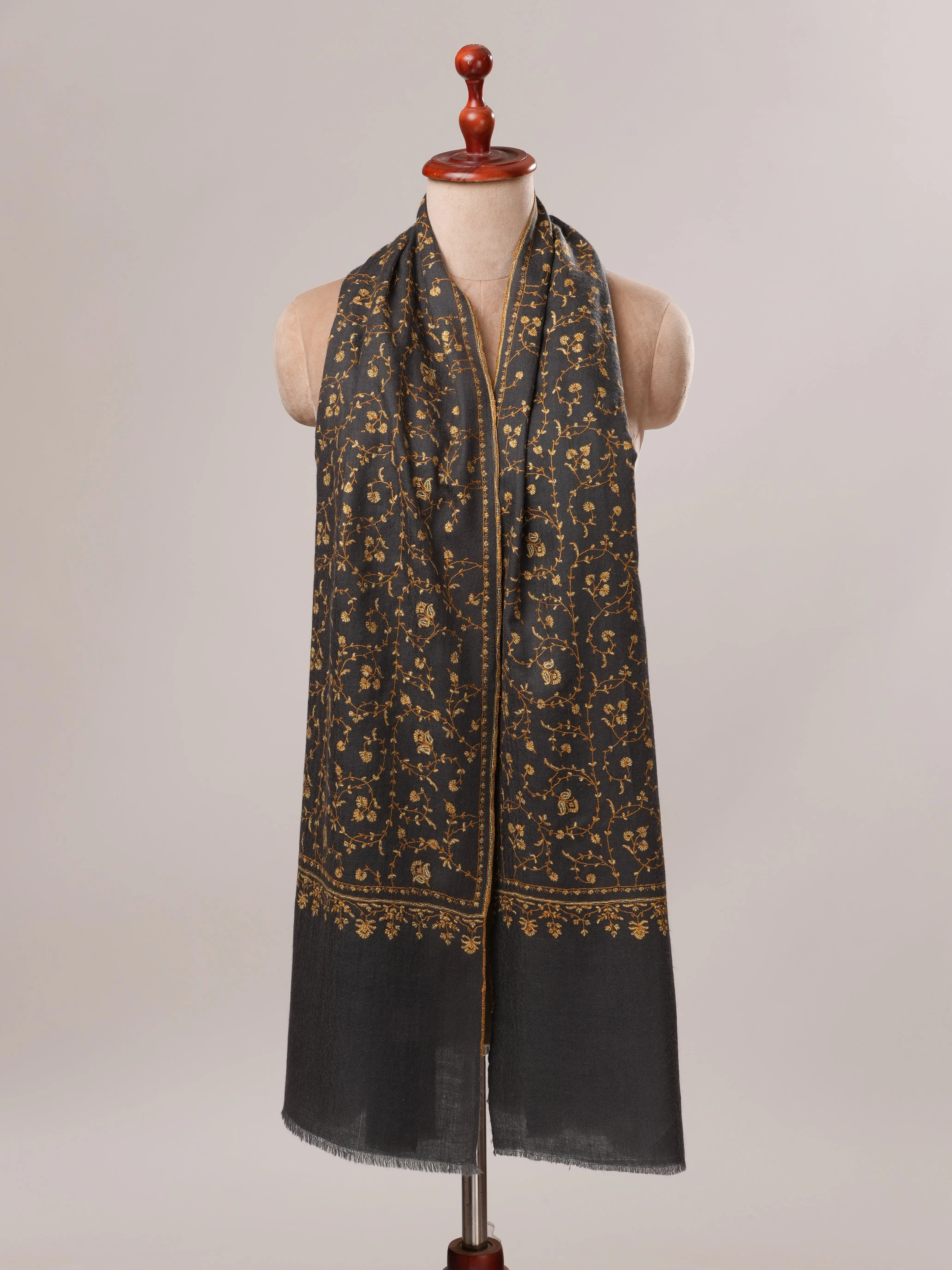 Grey Cashmere Scarf with Jali Hand Embroidery Shahkaar.com