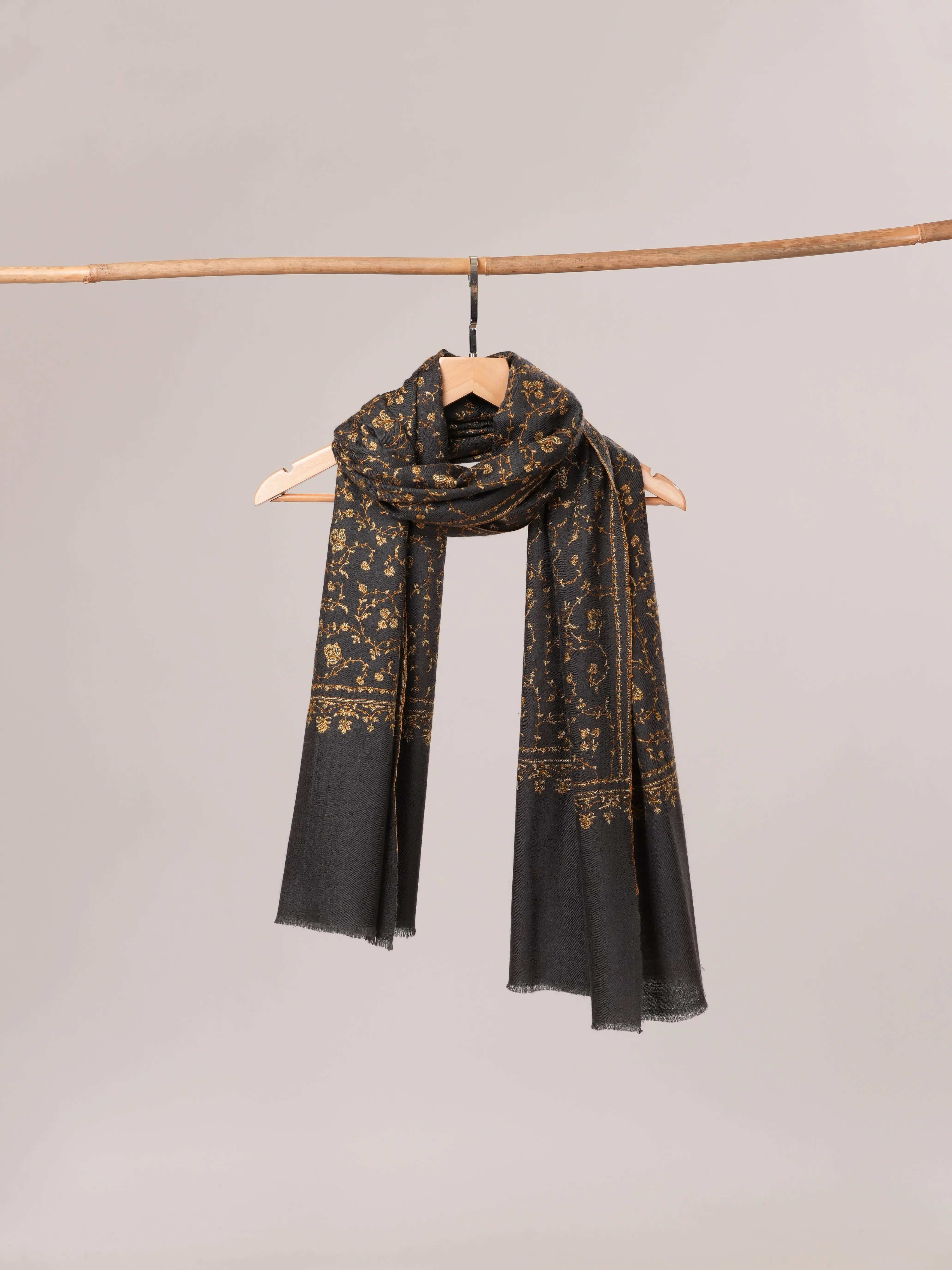 Grey Cashmere Scarf with Jali Hand Embroidery Shahkaar.com