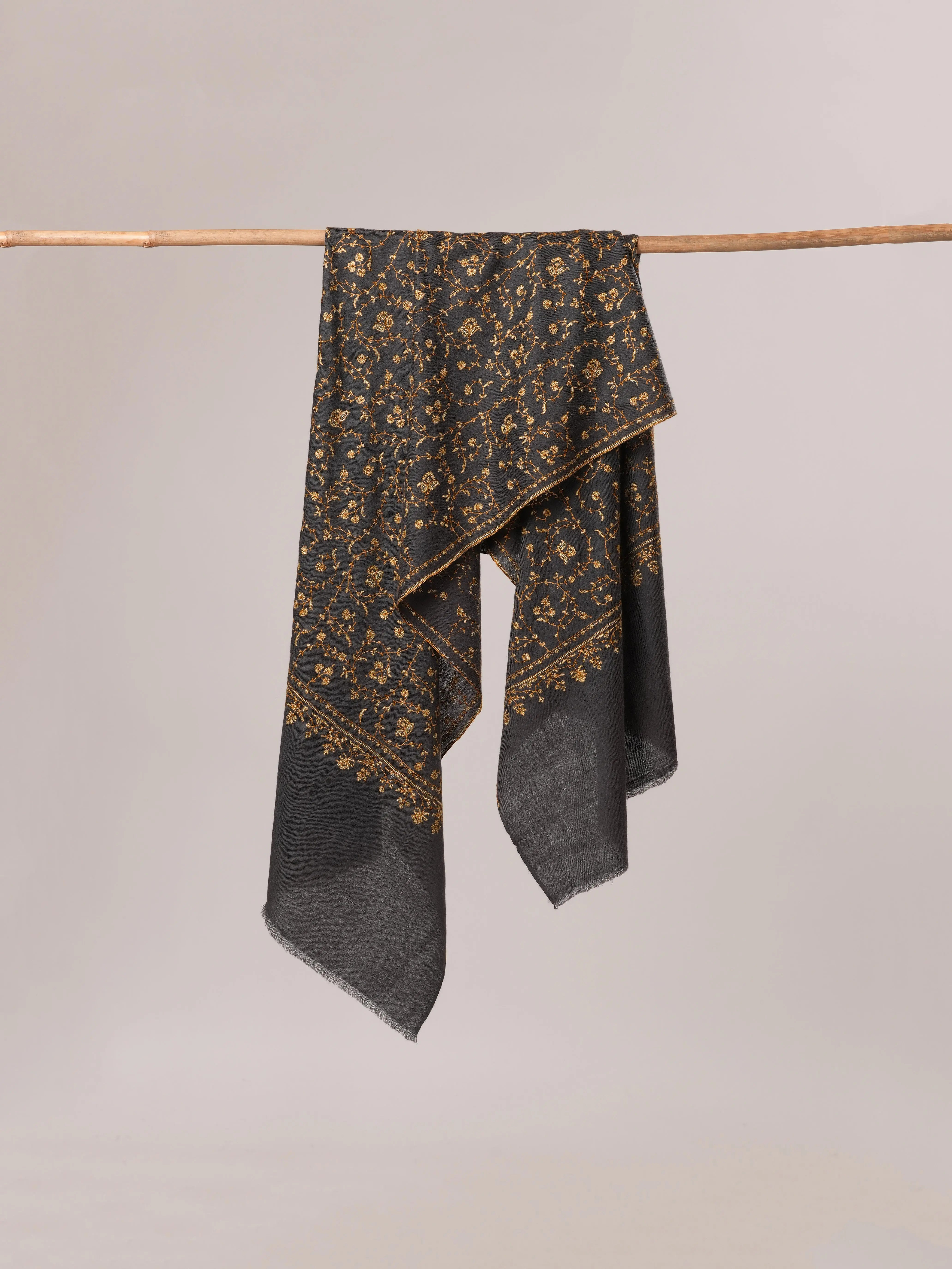 Grey Cashmere Scarf with Jali Hand Embroidery Shahkaar.com