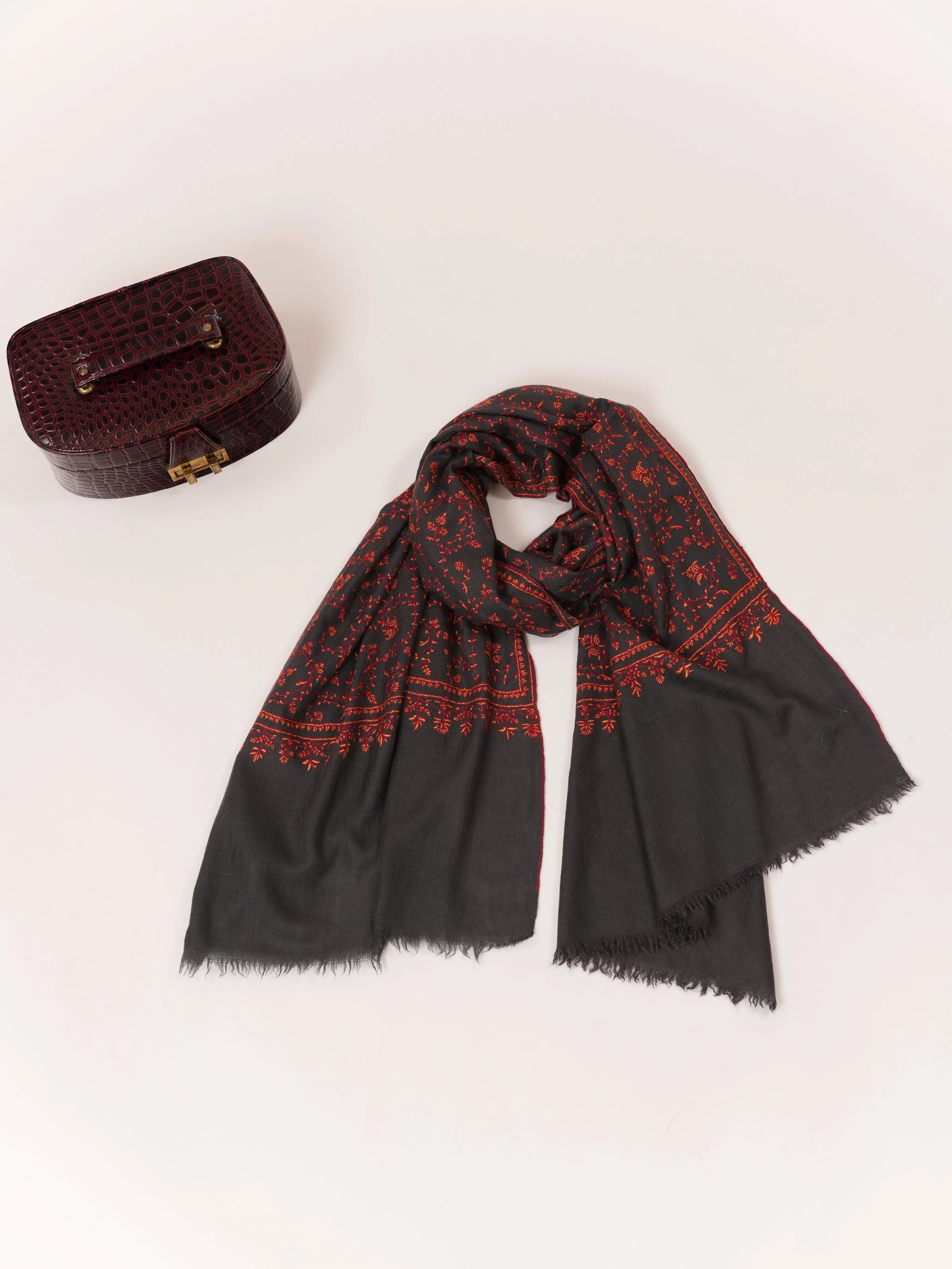 Dark Grey Featherlight Cashmere Scarf with Jali Hand Embroidery Shahkaar.com