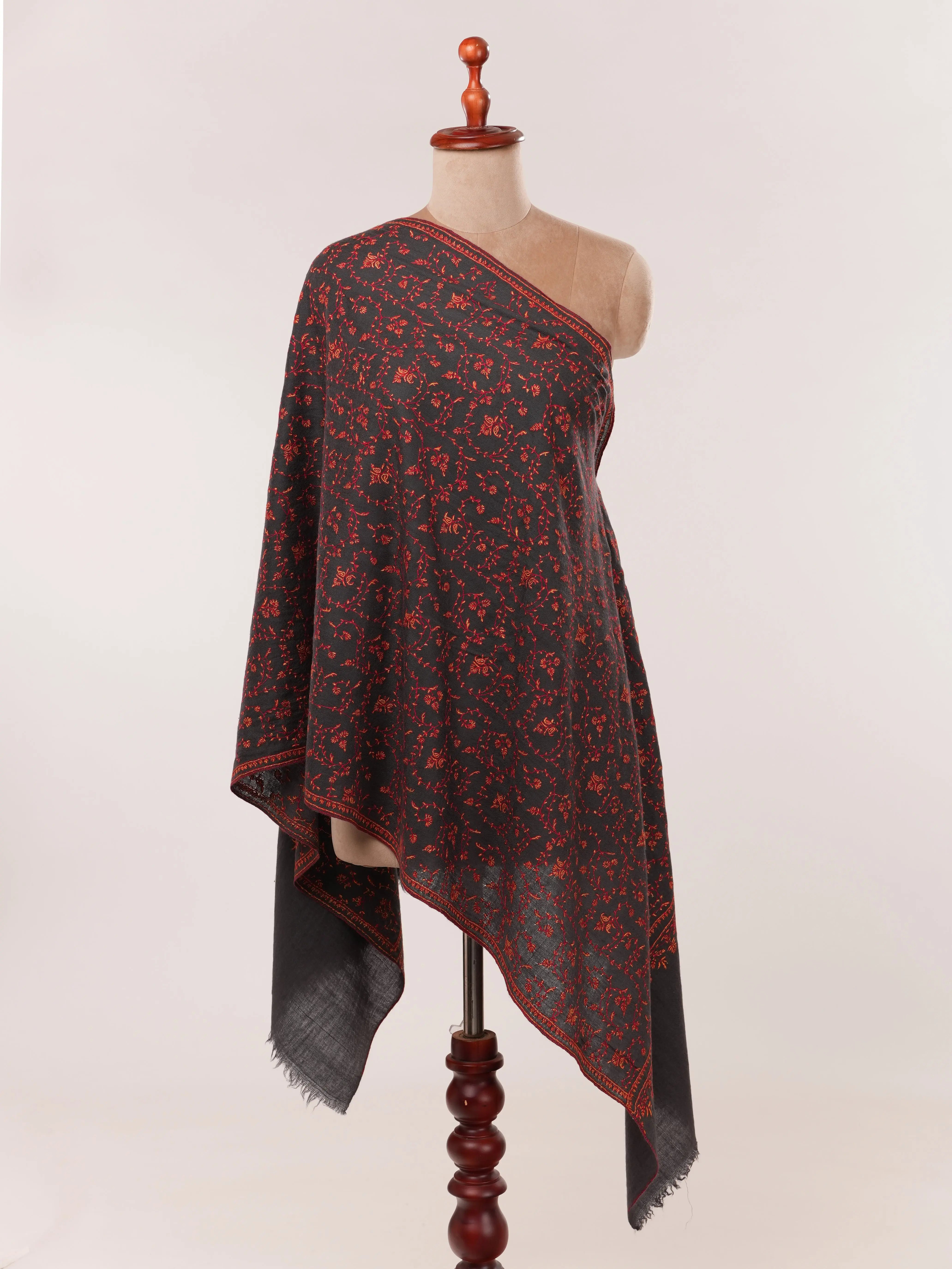 Dark Grey Featherlight Cashmere Scarf with Jali Hand Embroidery Shahkaar.com