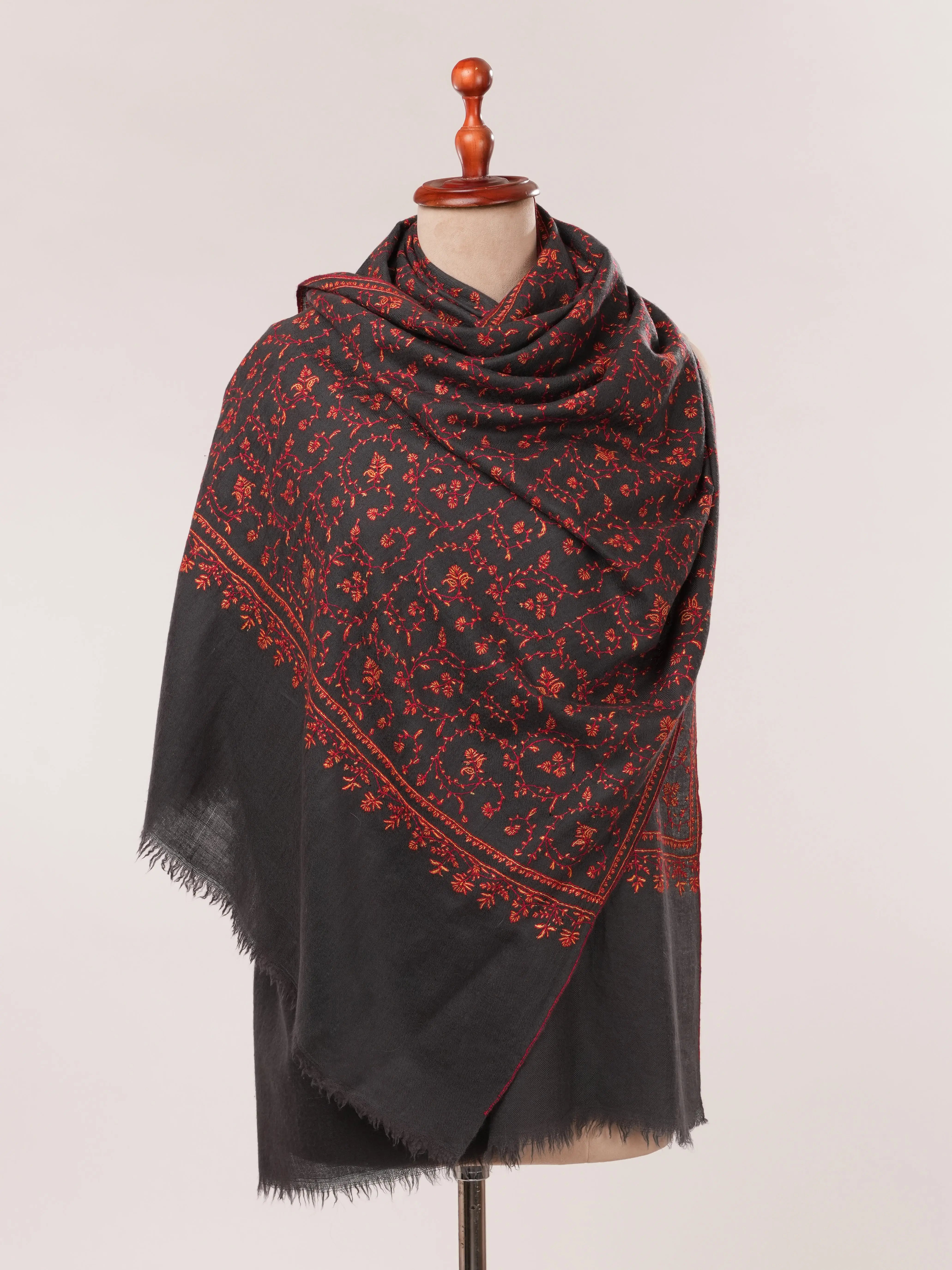 Dark Grey Featherlight Cashmere Scarf with Jali Hand Embroidery Shahkaar.com