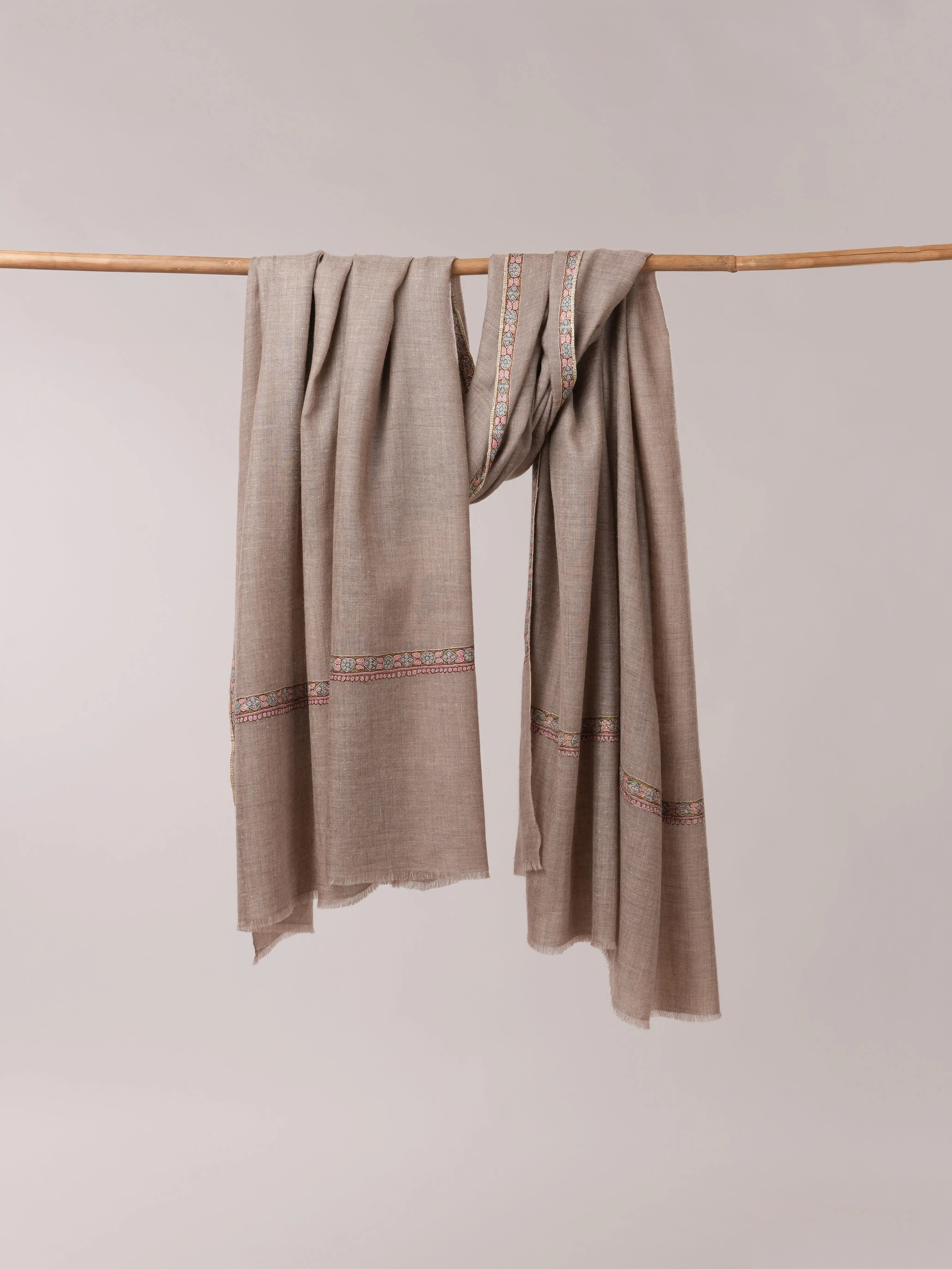 Natural Grey Authentic Pashmina Shawl with Classic Hashia Hand Embroidery Shahkaar.com