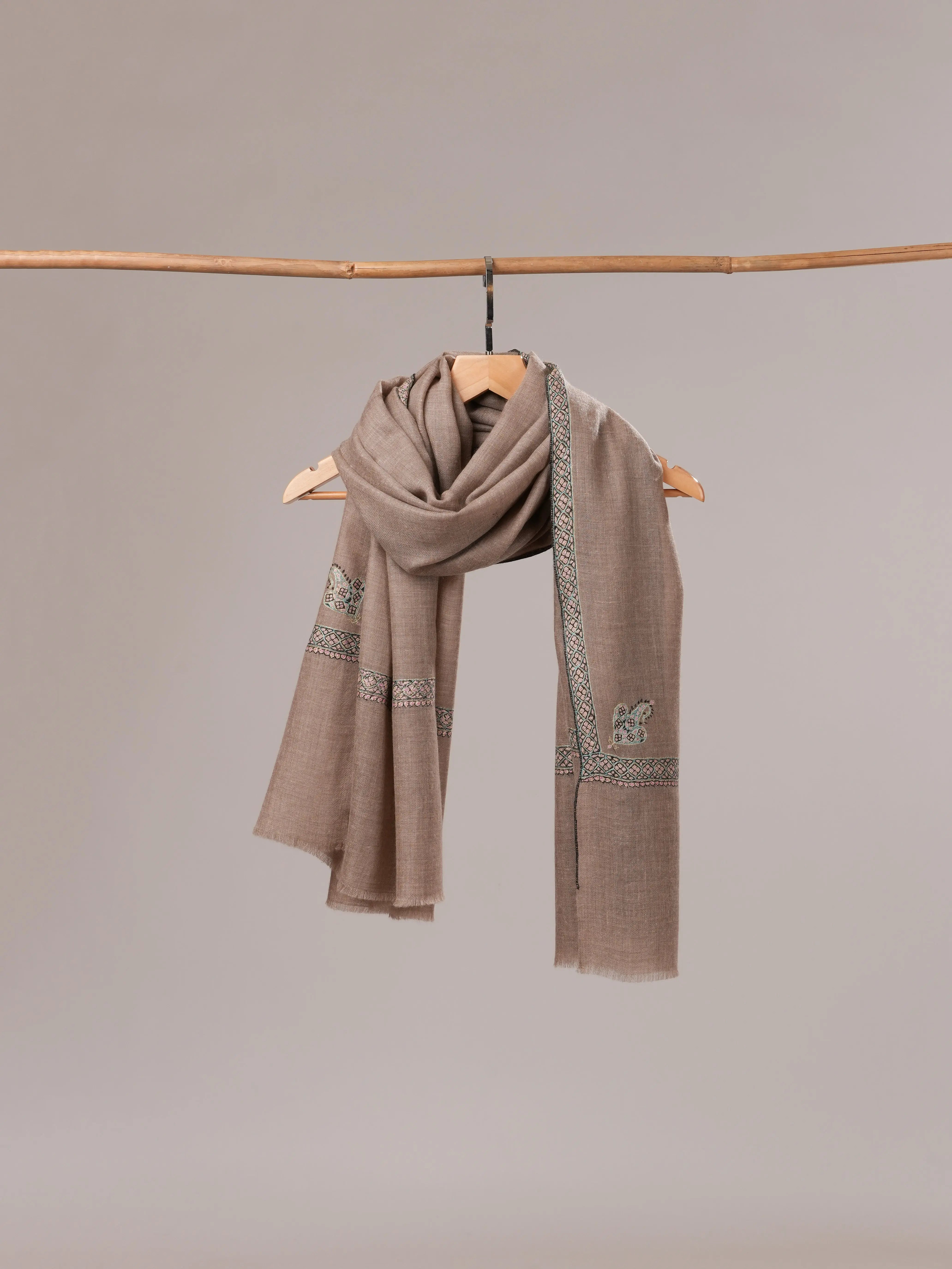 Natural Grey Pashmina Shawl with Hashia Hand Sozni Embroidery Shahkaar.com