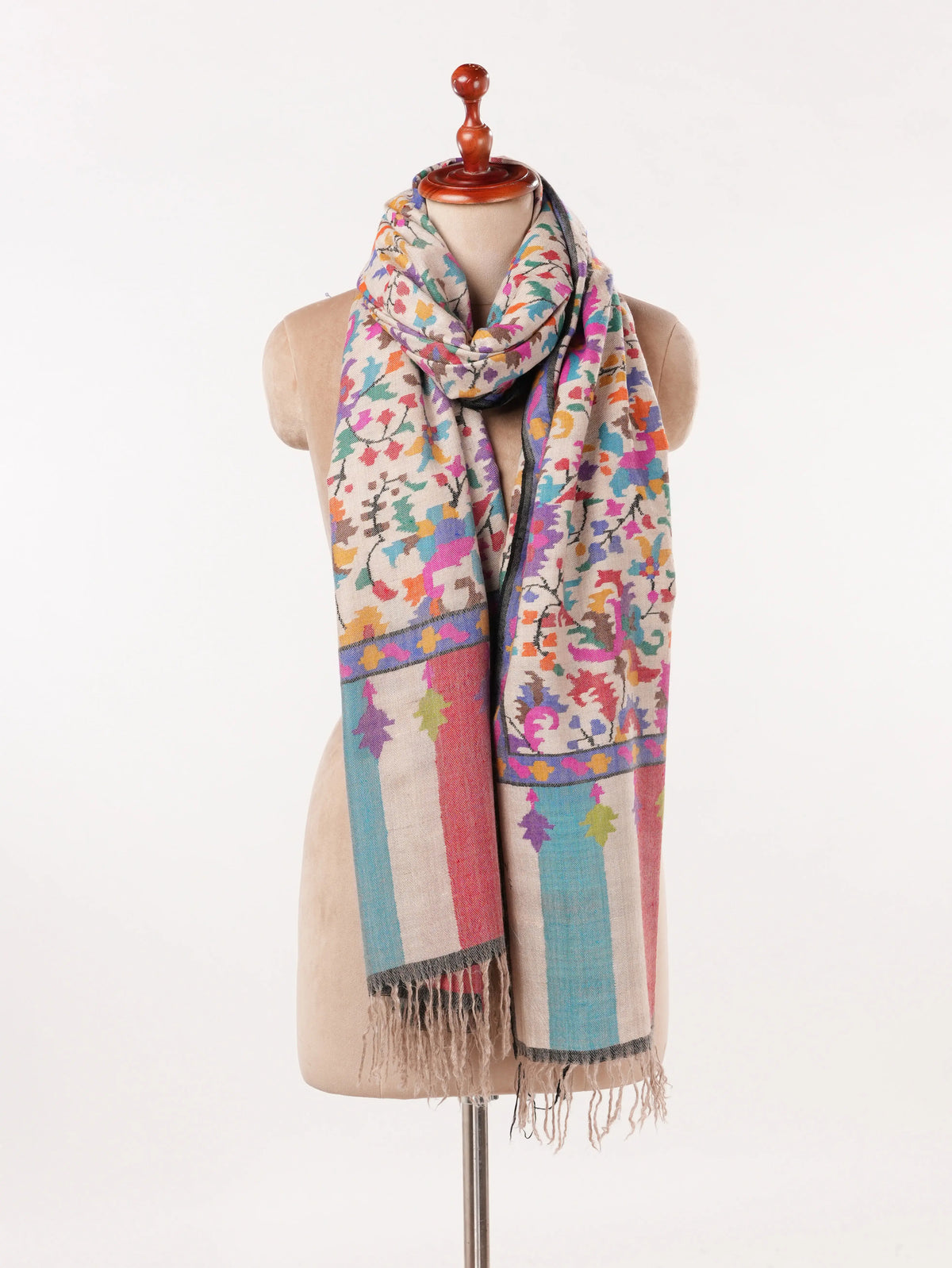 Handwoven Light Beige Oversized Kashmiri Kani Pashmina Shawl