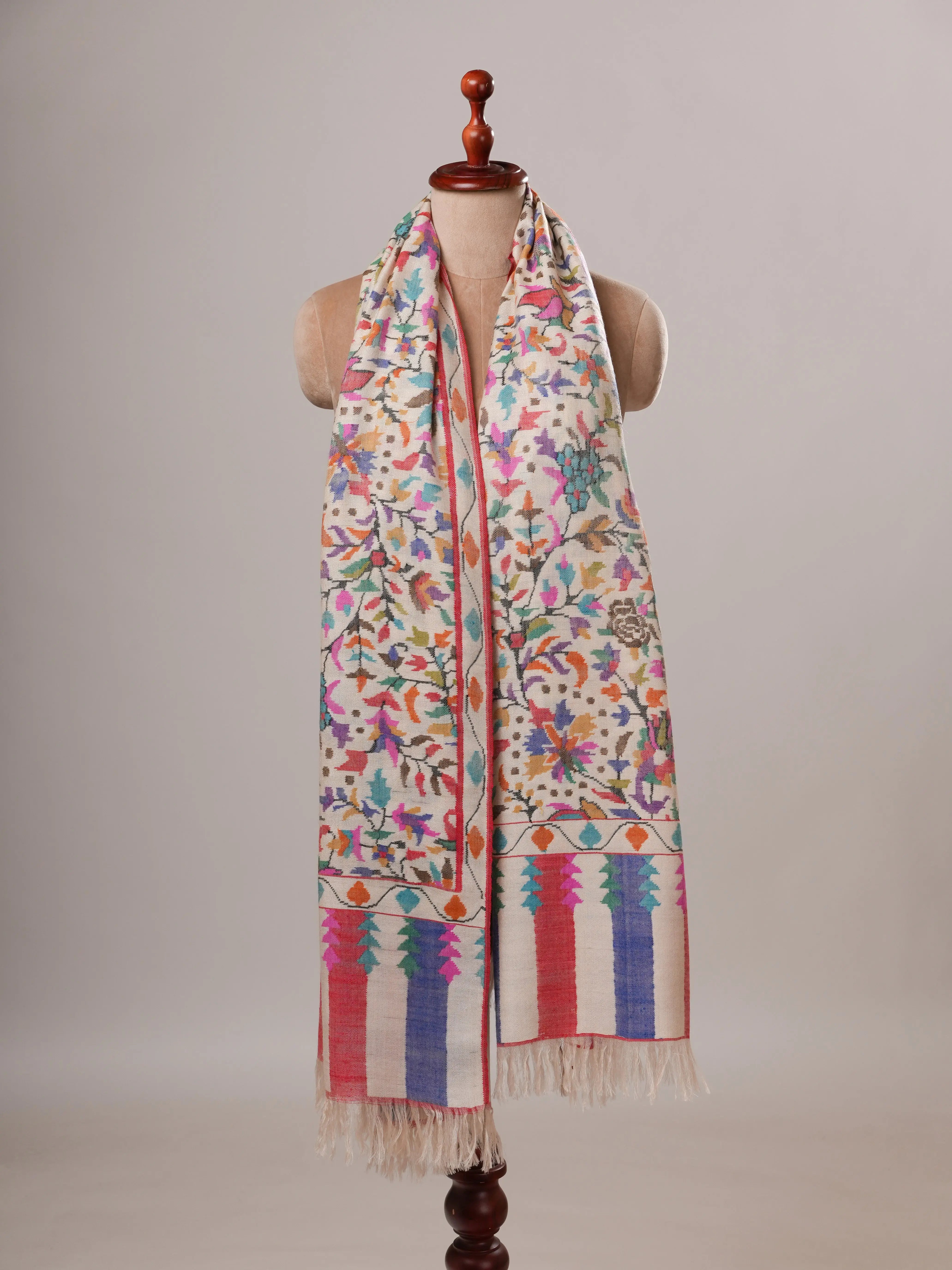 Ivory Floral Handwoven Kani Pashmina Jamavar Shawl Shahkaar Global