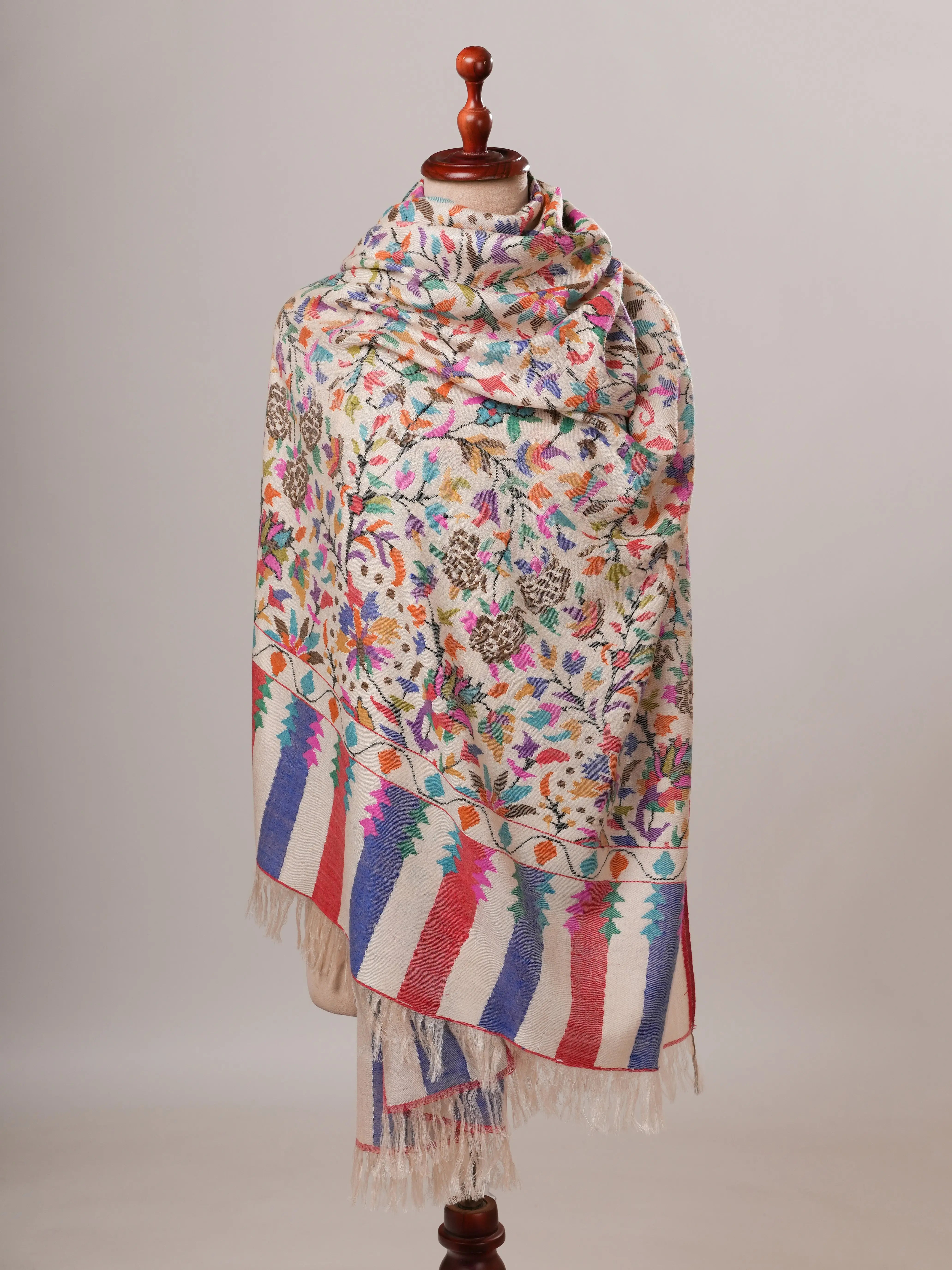 Ivory Floral Handwoven Kani Pashmina Jamavar Shawl Shahkaar Global