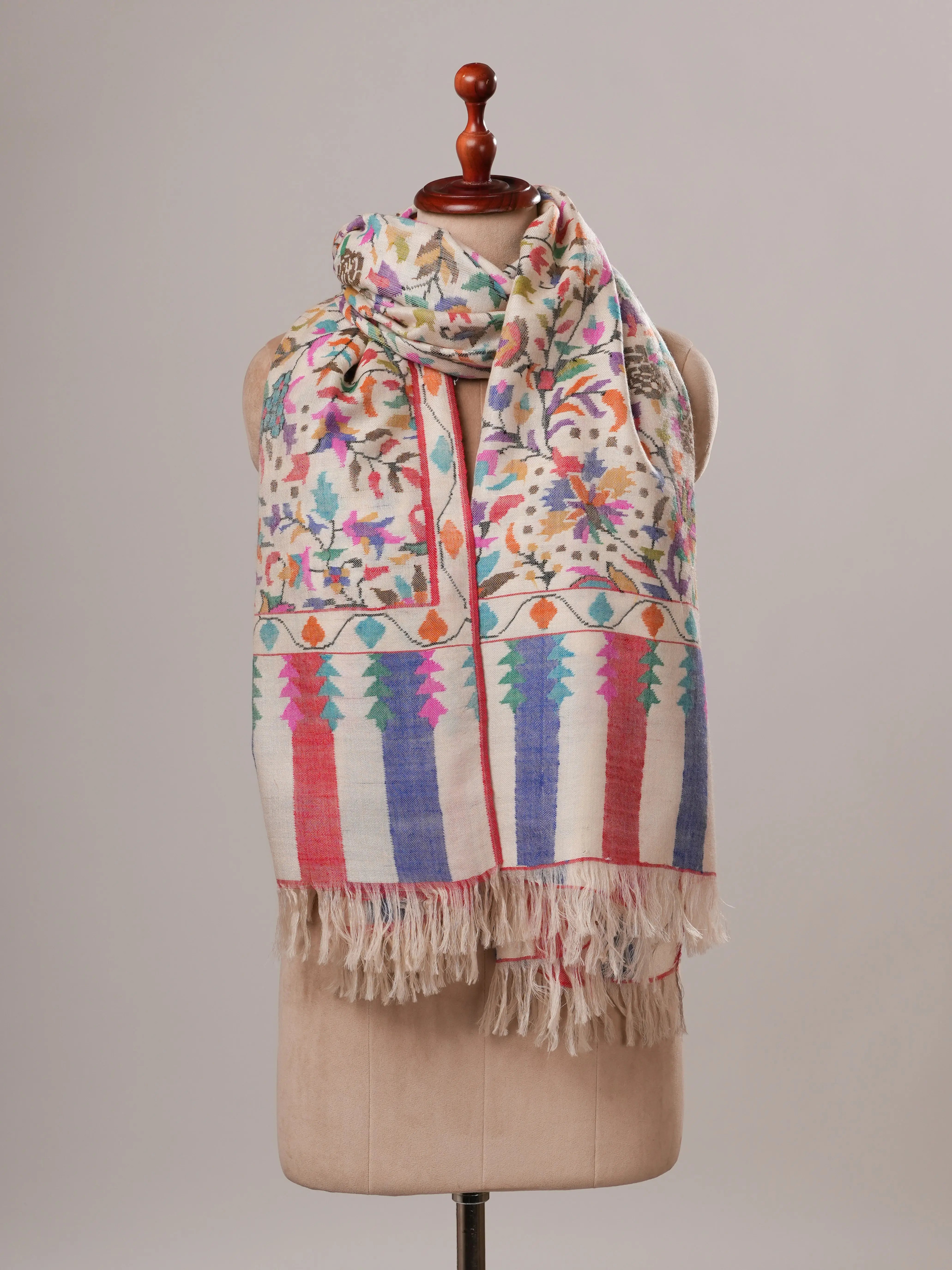 Ivory Floral Handwoven Kani Pashmina Jamavar Shawl Shahkaar Global
