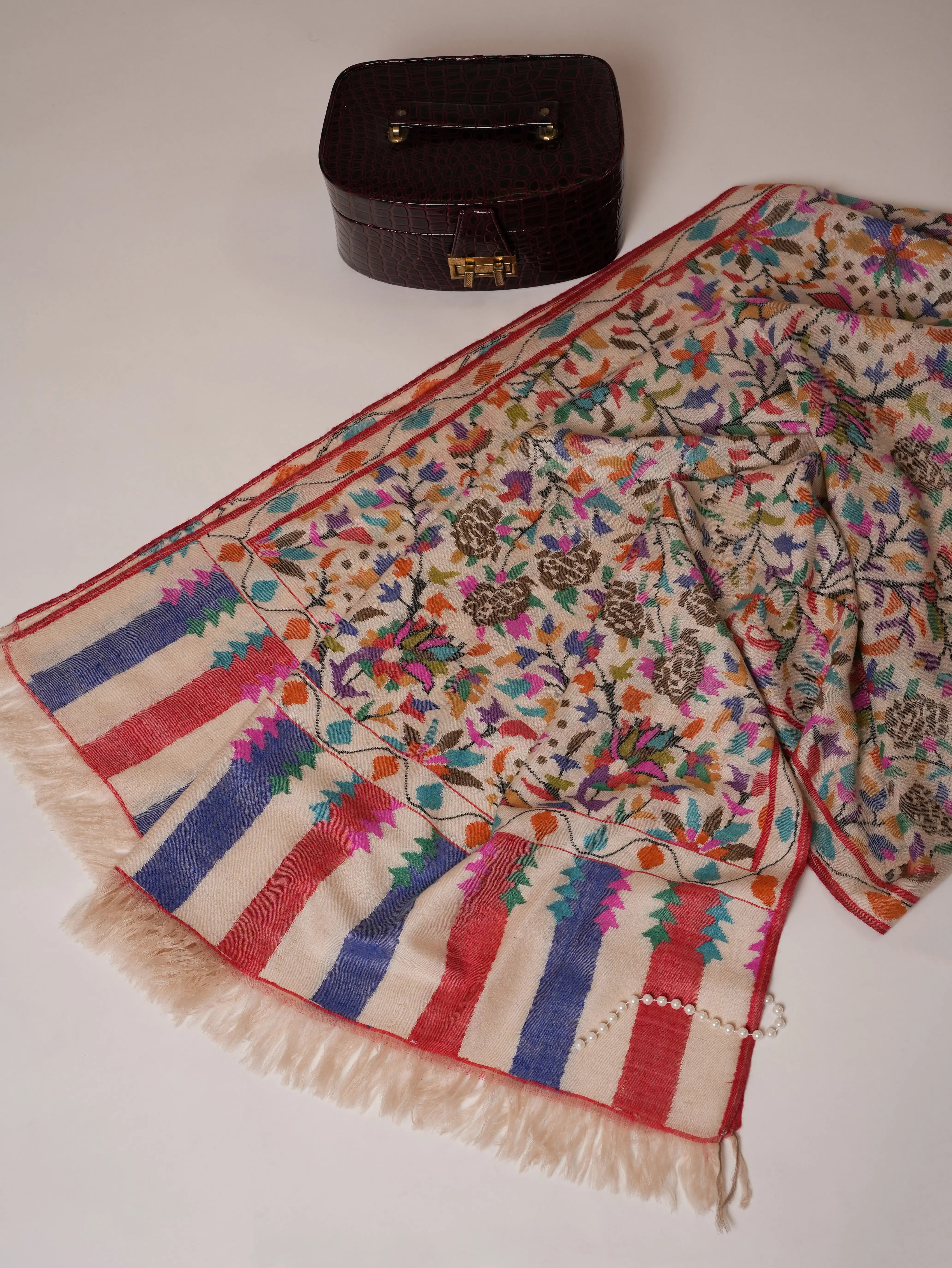 Ivory Floral Handwoven Kani Pashmina Jamavar Shawl Shahkaar Global