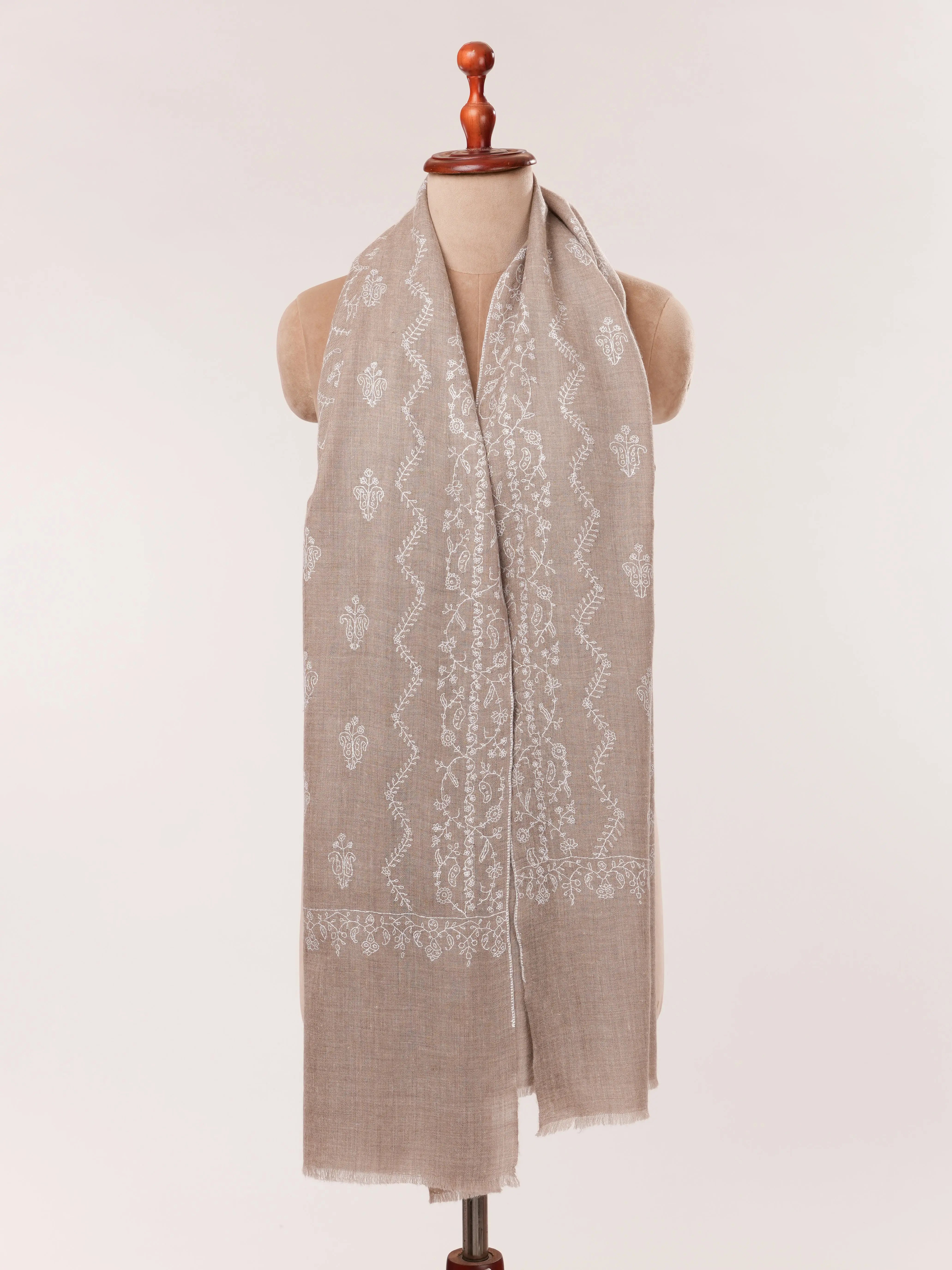 Natural Taupe Cashmere Scarf with White Jali Embroidery Shahkaar.com