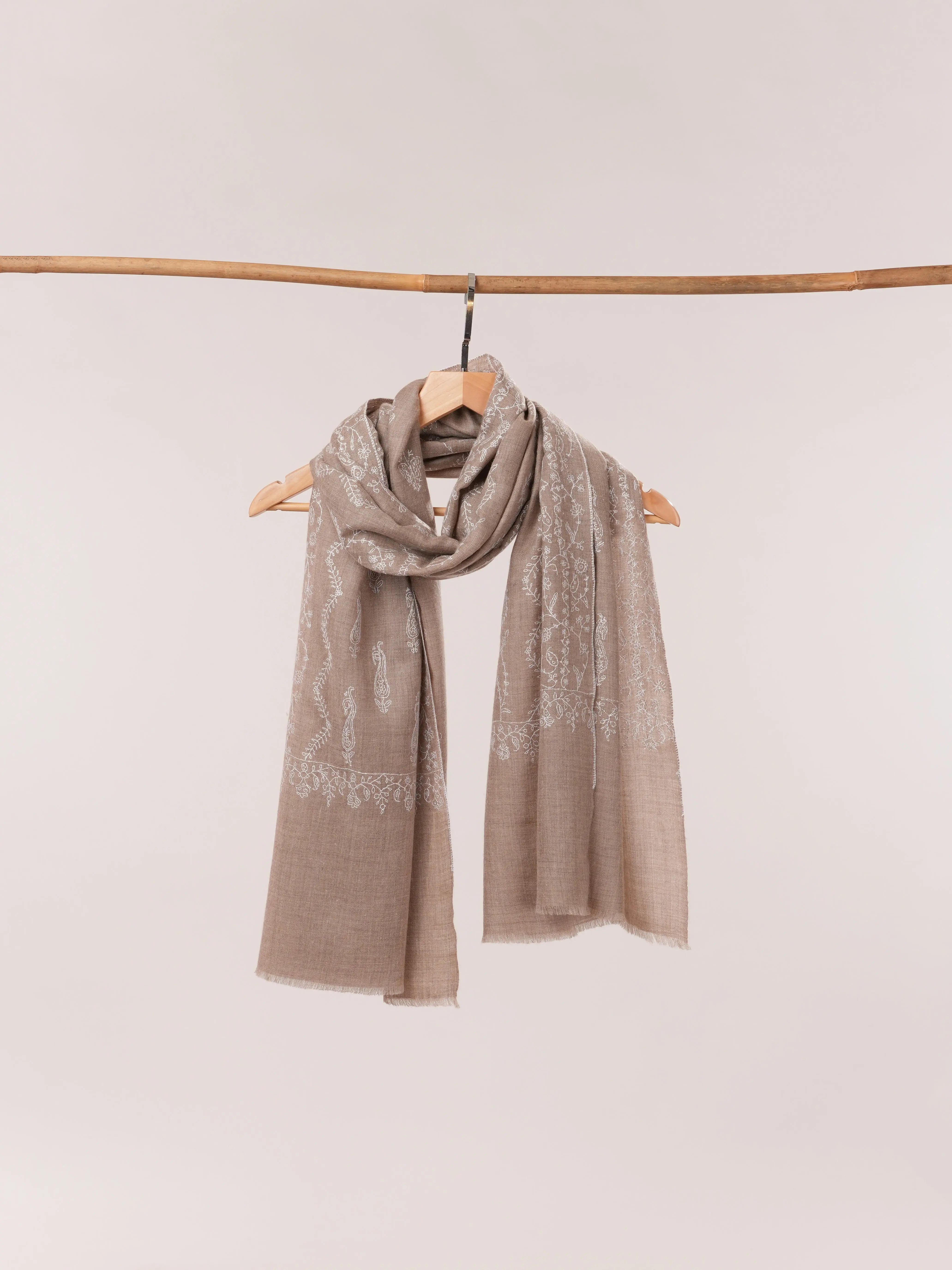 Natural Taupe Cashmere Scarf with White Jali Embroidery Shahkaar.com