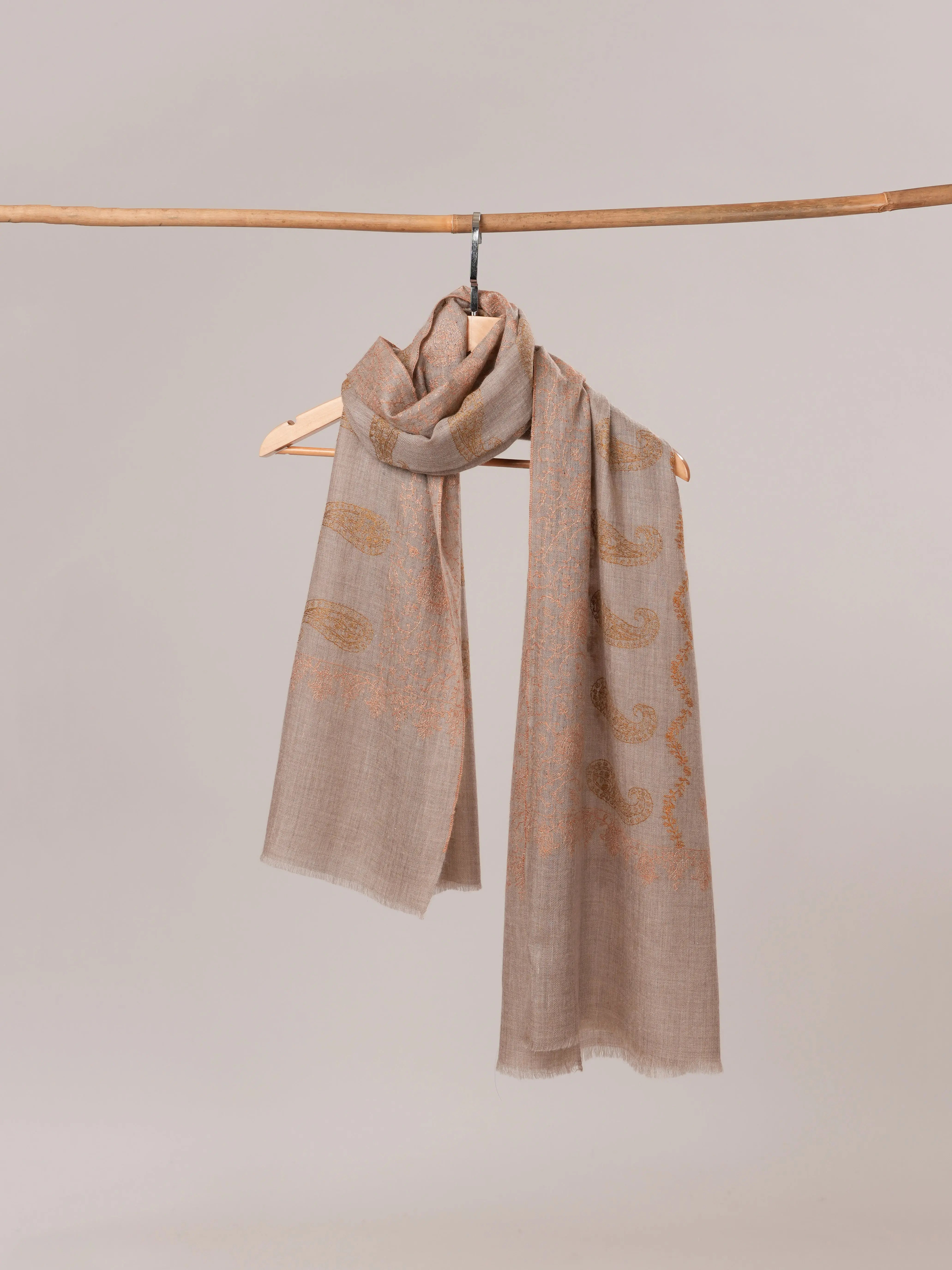 Natural Grey Cashmere Scarf with Hand Embroidery Shahkaar.com