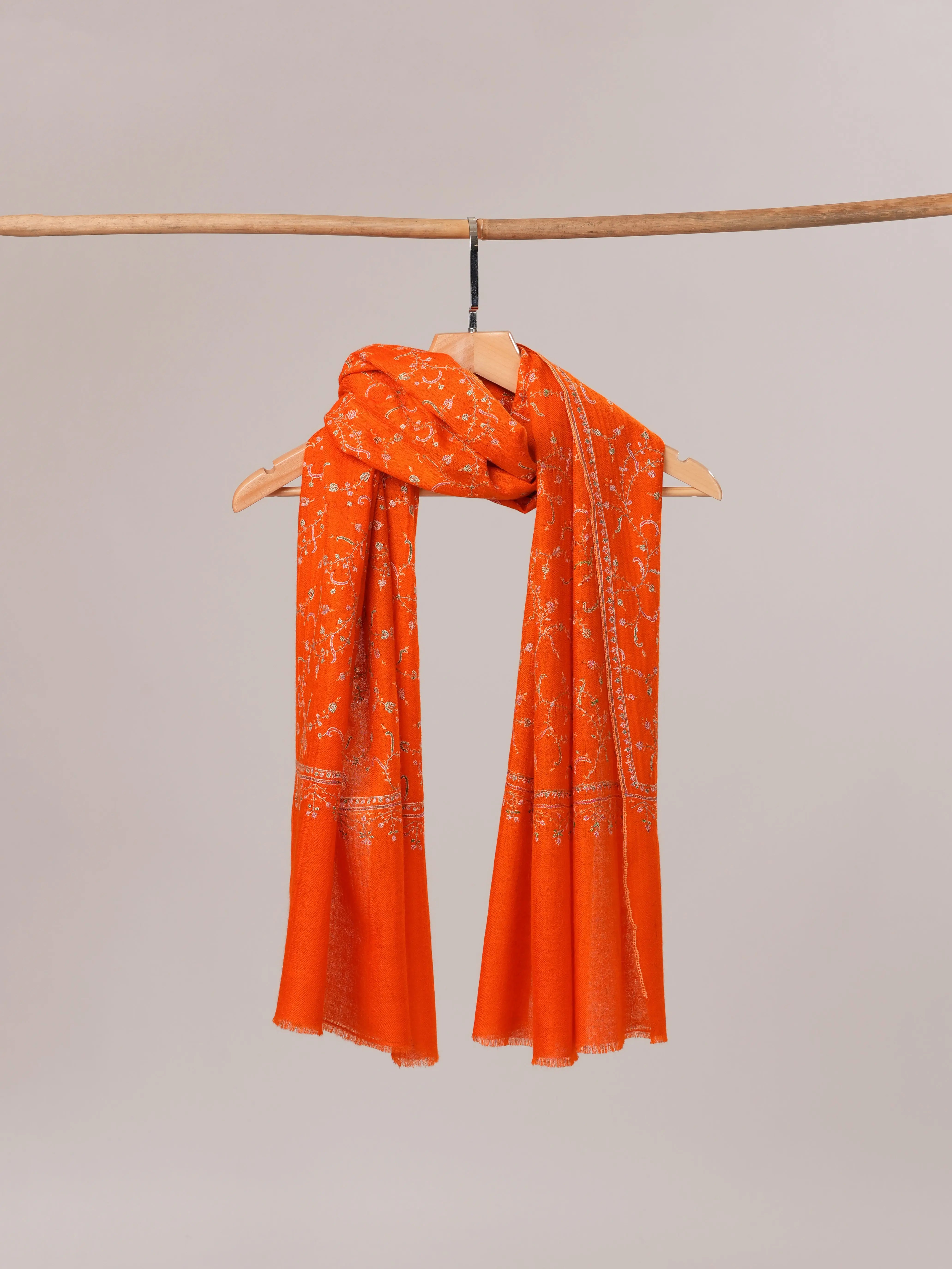 Orange Cashmere Scarf with All Over Hand Embroidery Shahkaar.com