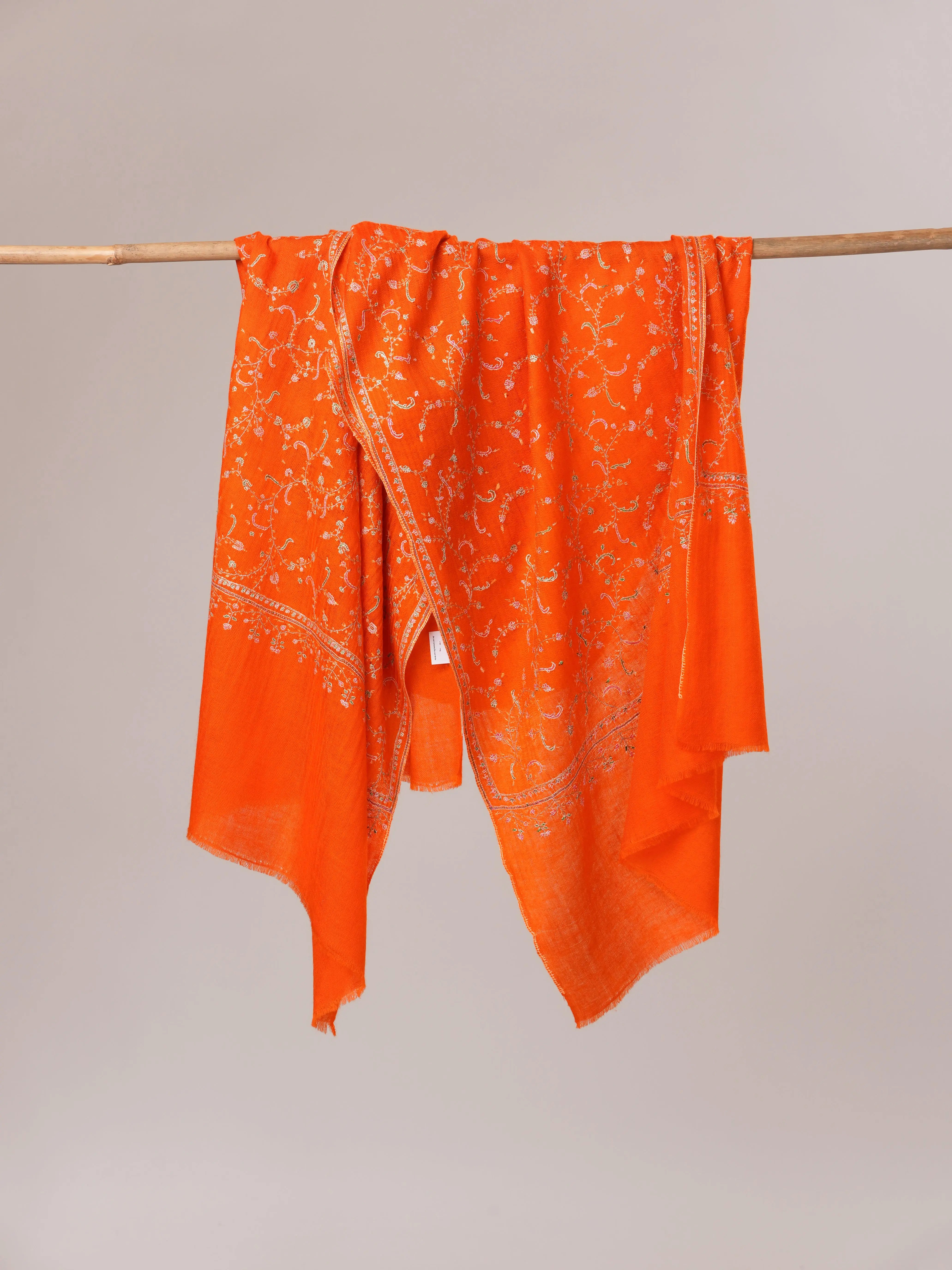 Orange Cashmere Scarf with All Over Hand Embroidery Shahkaar.com