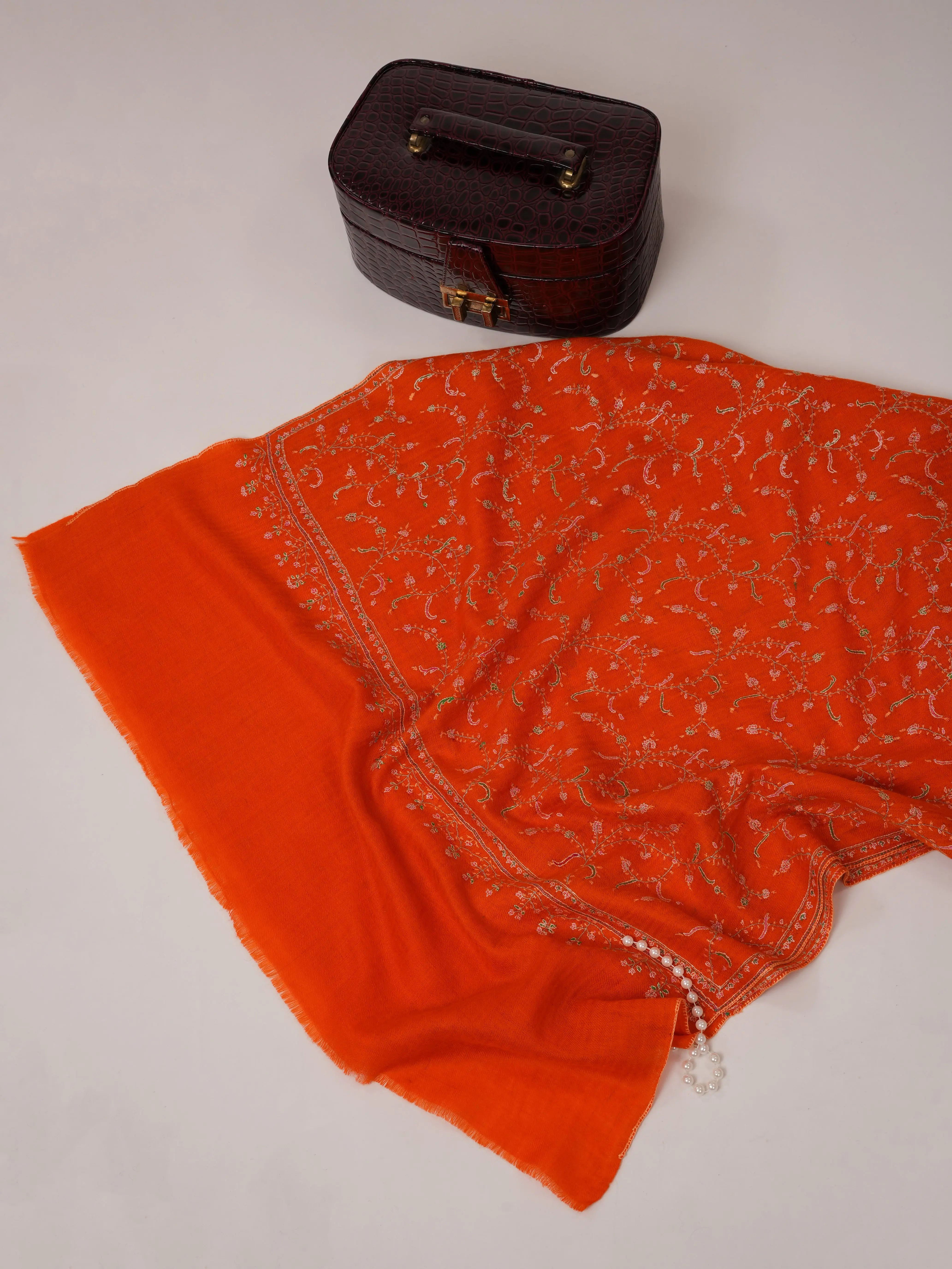 Orange Cashmere Scarf with All Over Hand Embroidery Shahkaar.com
