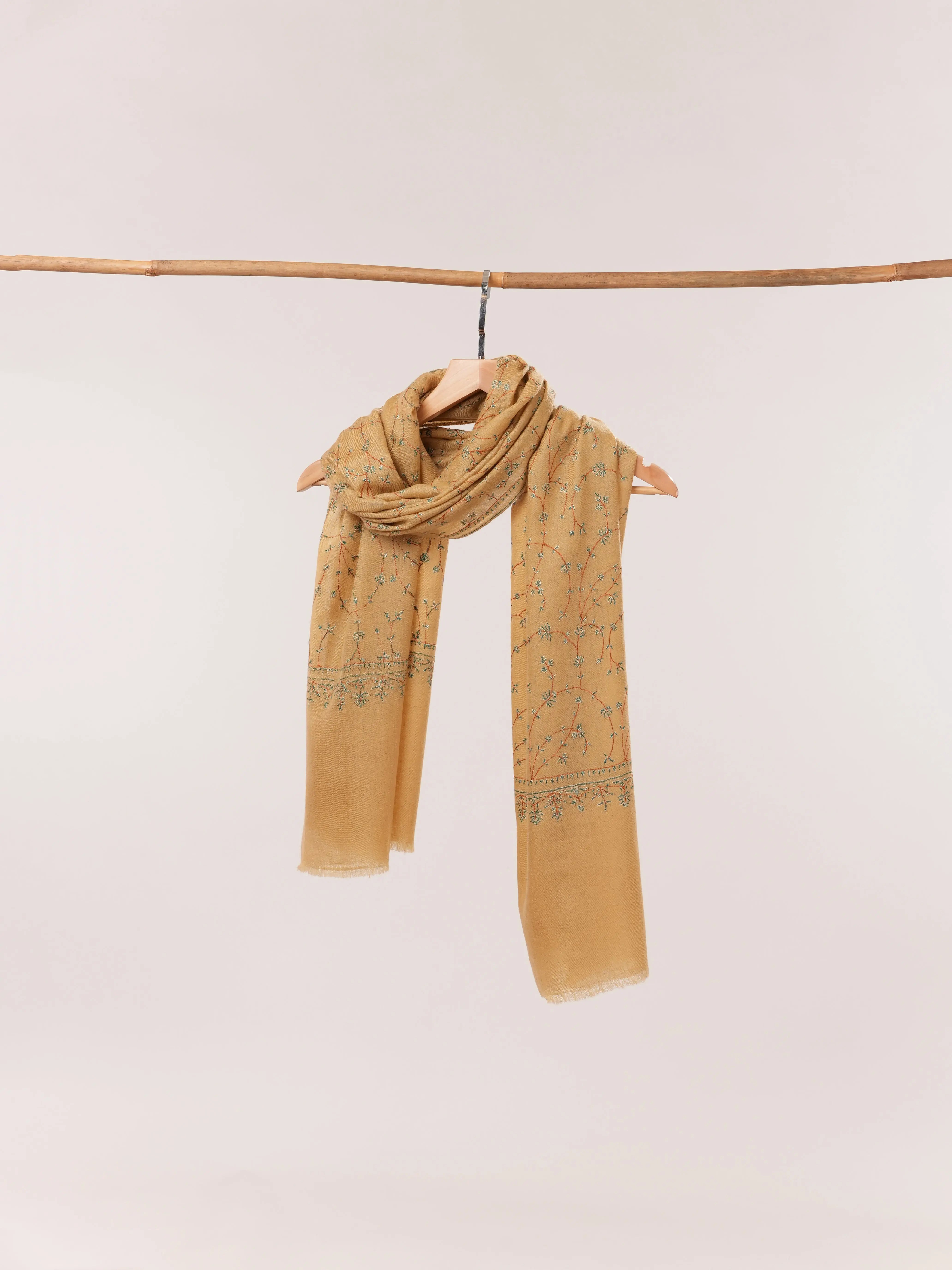 Tan Hand Embroidered Jali Baby Soft Cashmere Scarf Shahkaar.com