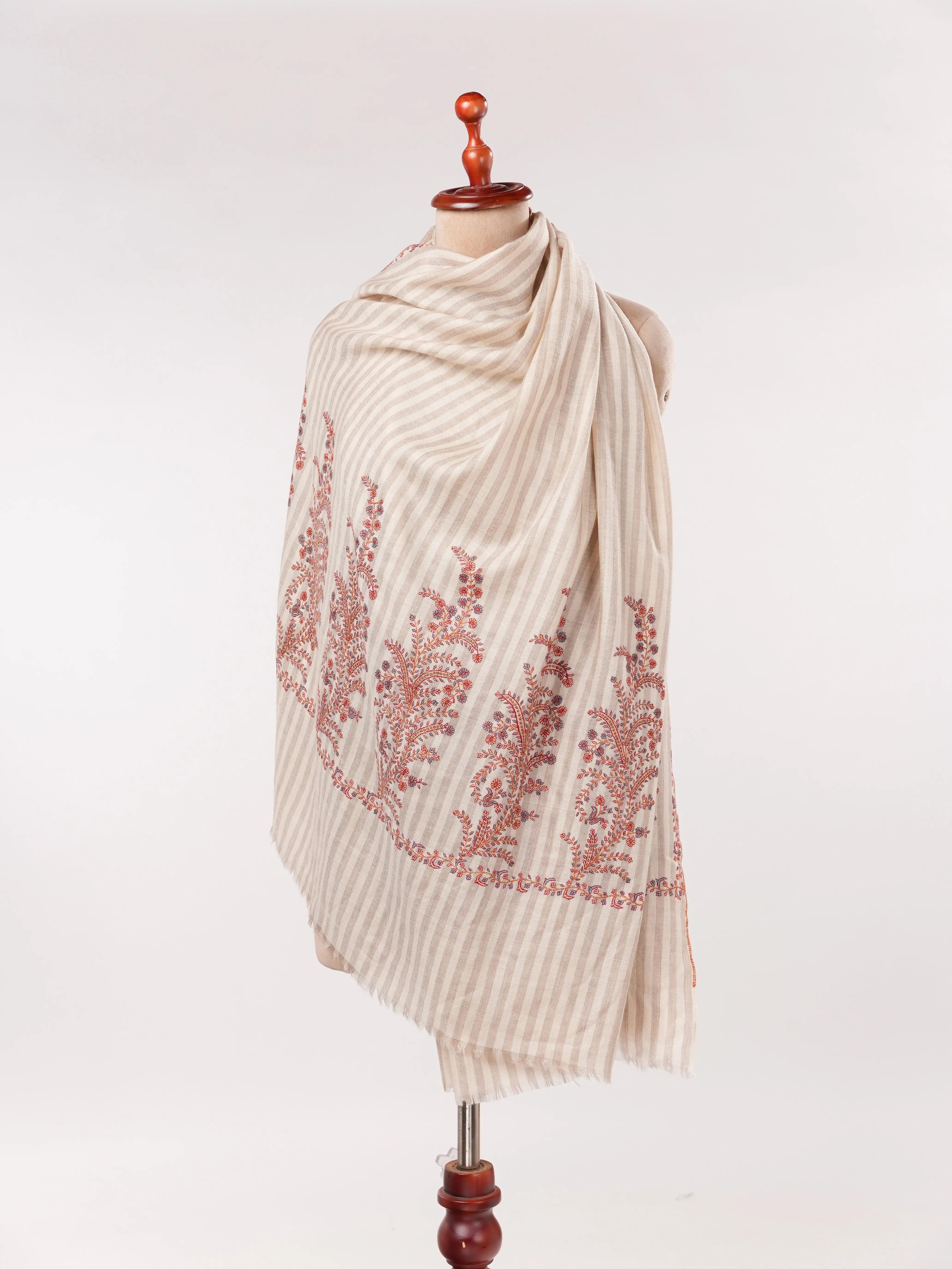 Pure Handwoven Pashmina Shawl in Stripe with Hand Palldar Embroidery Shahkaar.com