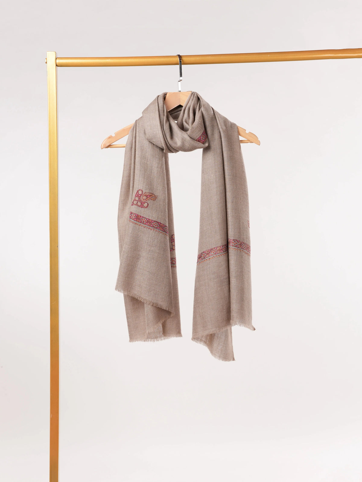 Handwoven Natural Beige Genuine Cashmere Scarf with Sozni Hashia Embroidery