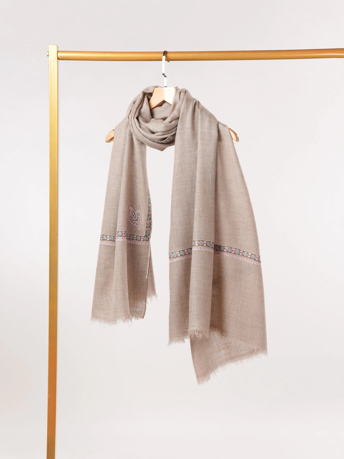 Hashidar Sozni Embroidered Beige Authentic Pashmina Shawl
