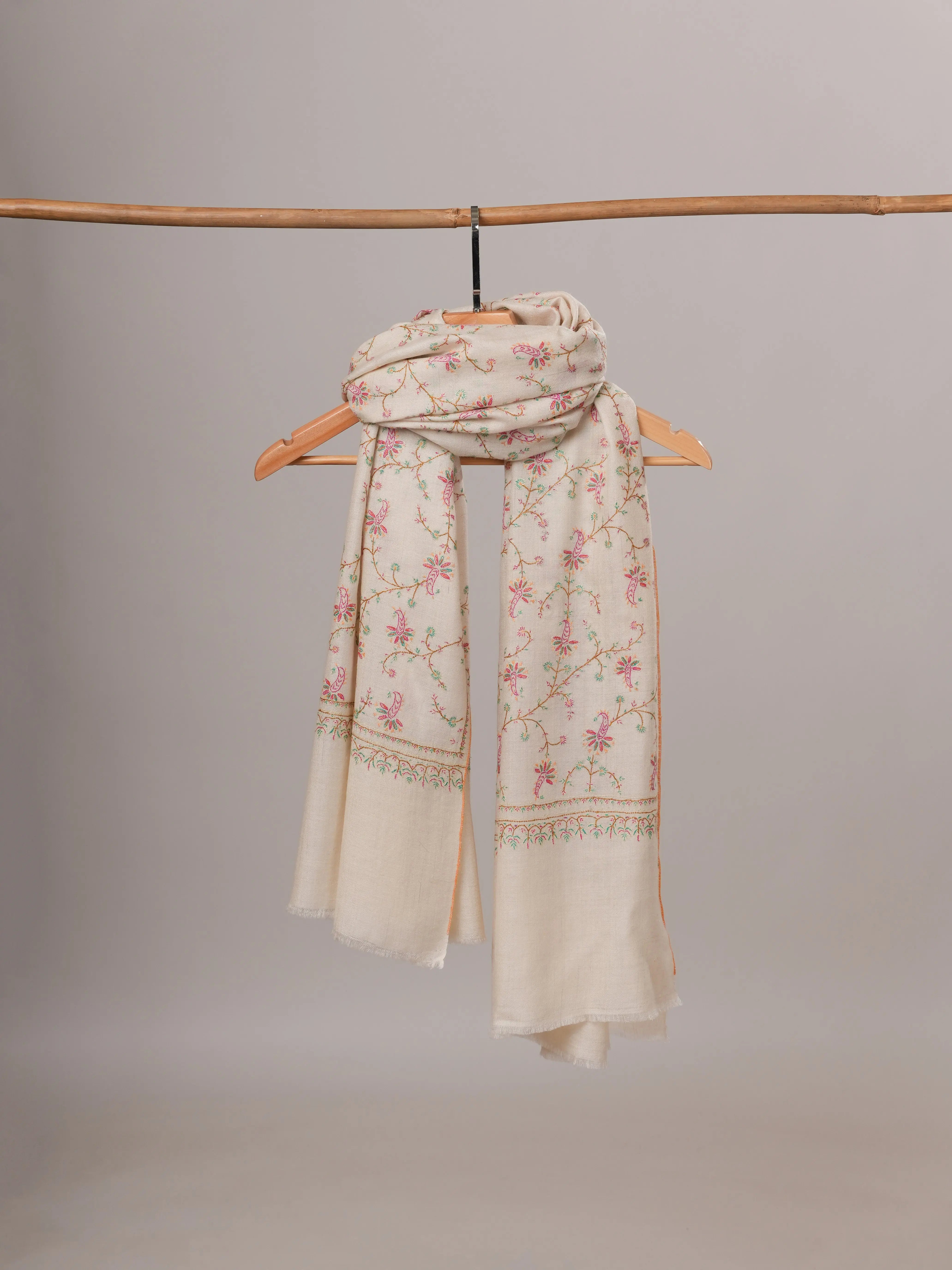 Ivory Floral Hand Embroidered Jali Kashmiri Pashmina Shawl Shahkaar Global