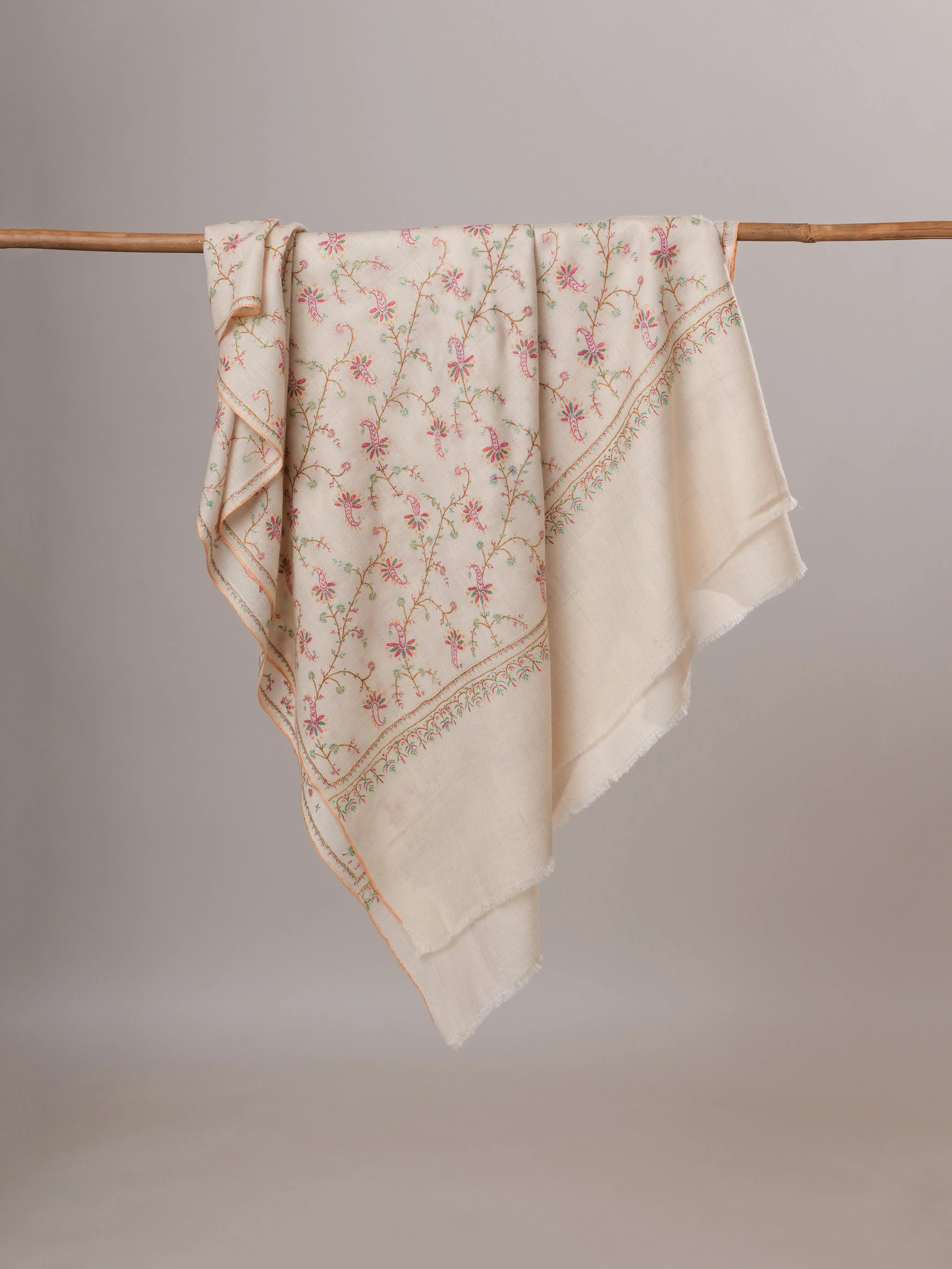 Ivory Floral Hand Embroidered Jali Kashmiri Pashmina Shawl Shahkaar Global