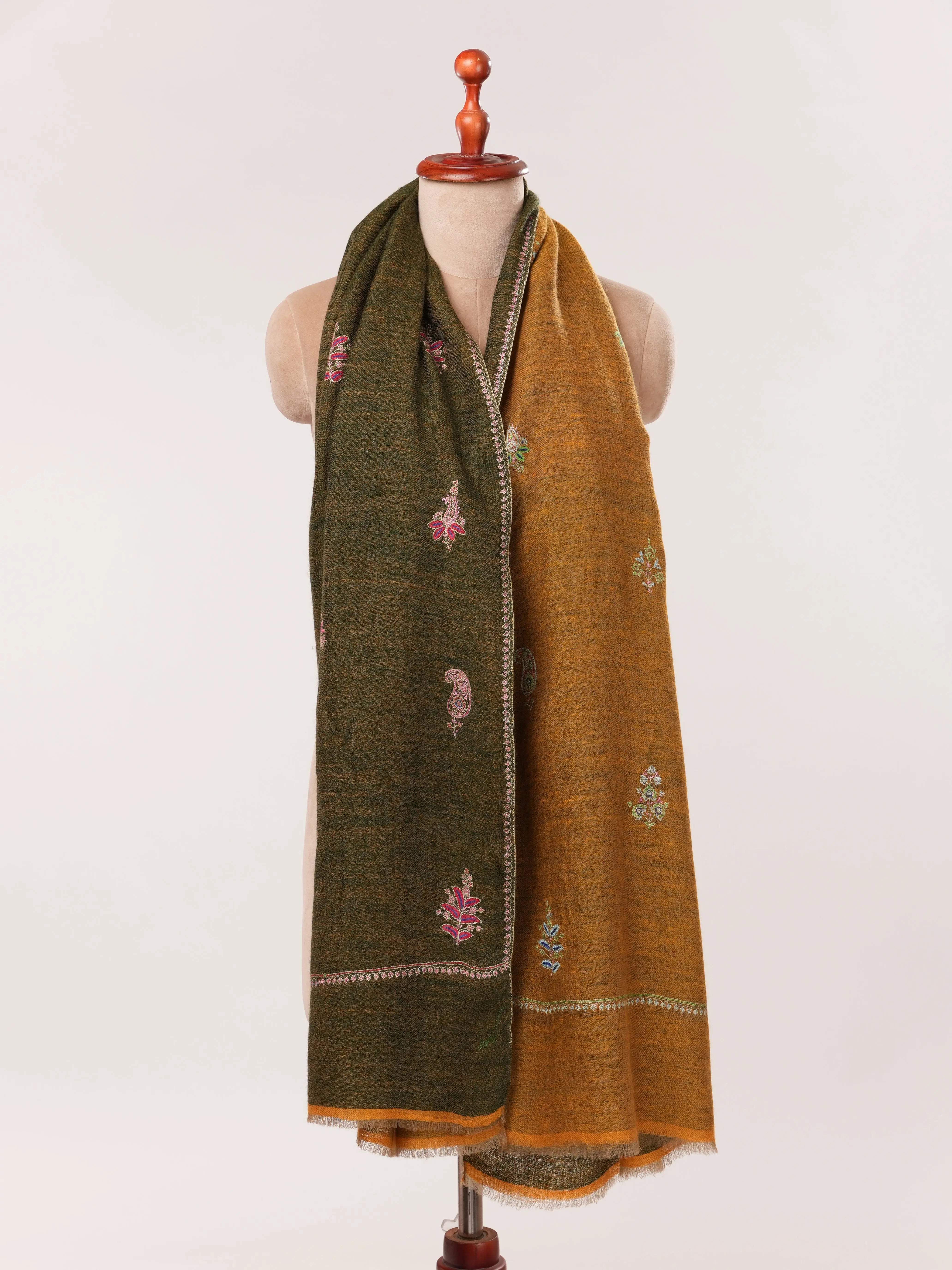 Dual Tone Mustard & Green Cashmere Scarf with Aksi Buteh Embroidery Shahkaar.com