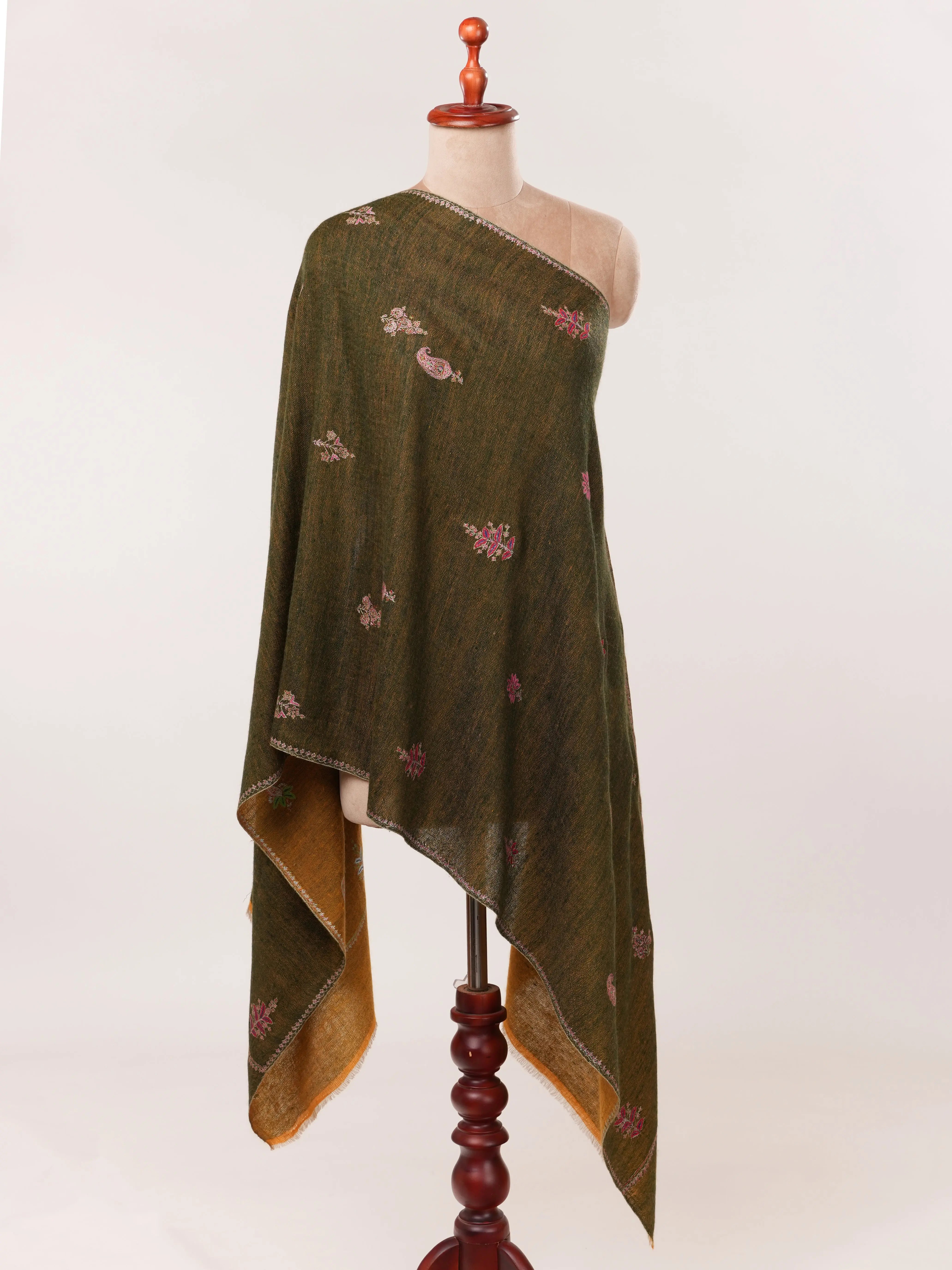 Dual Tone Mustard & Green Cashmere Scarf with Aksi Buteh Embroidery Shahkaar.com