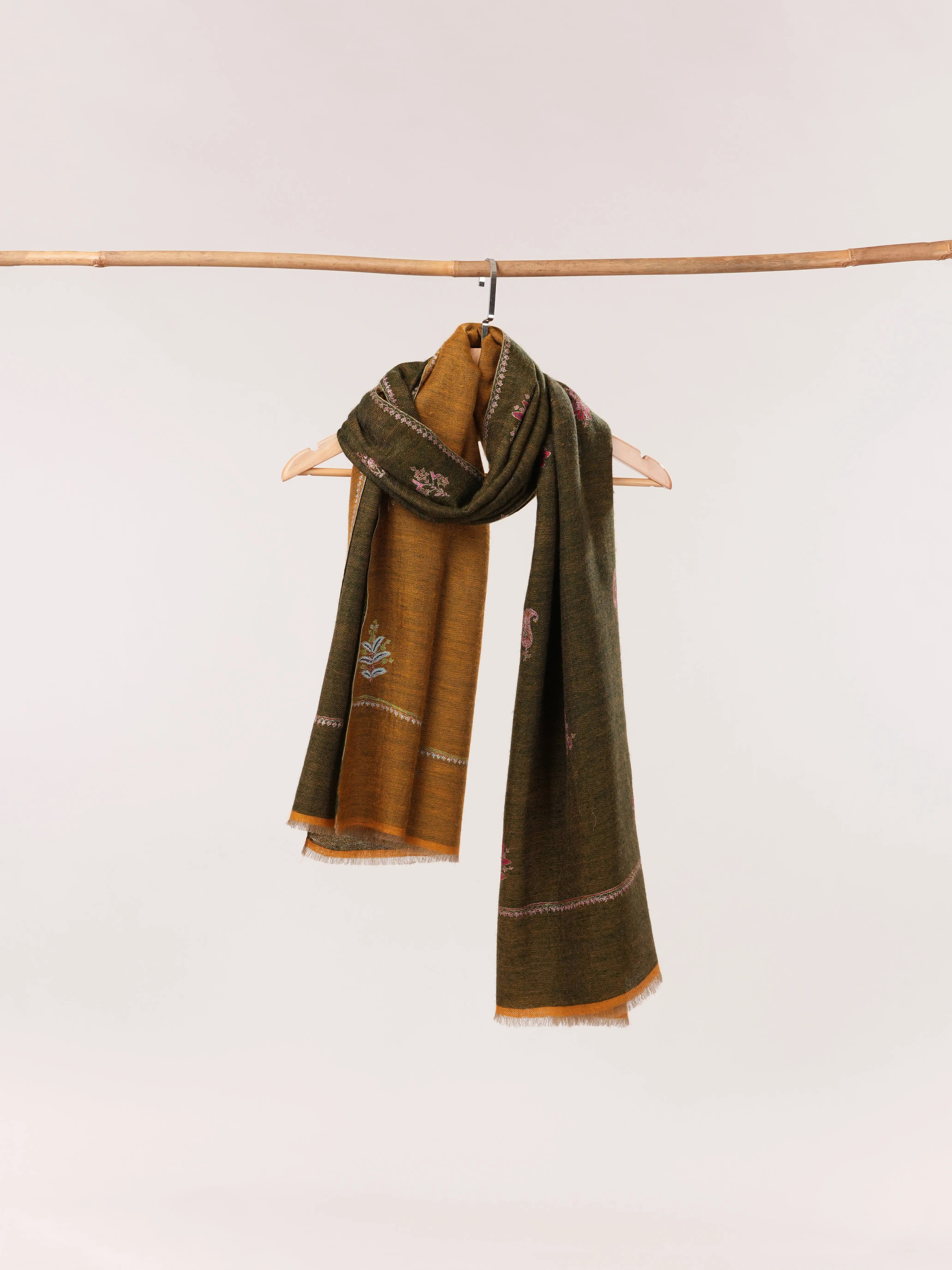 Dual Tone Mustard & Green Cashmere Scarf with Aksi Buteh Embroidery Shahkaar.com